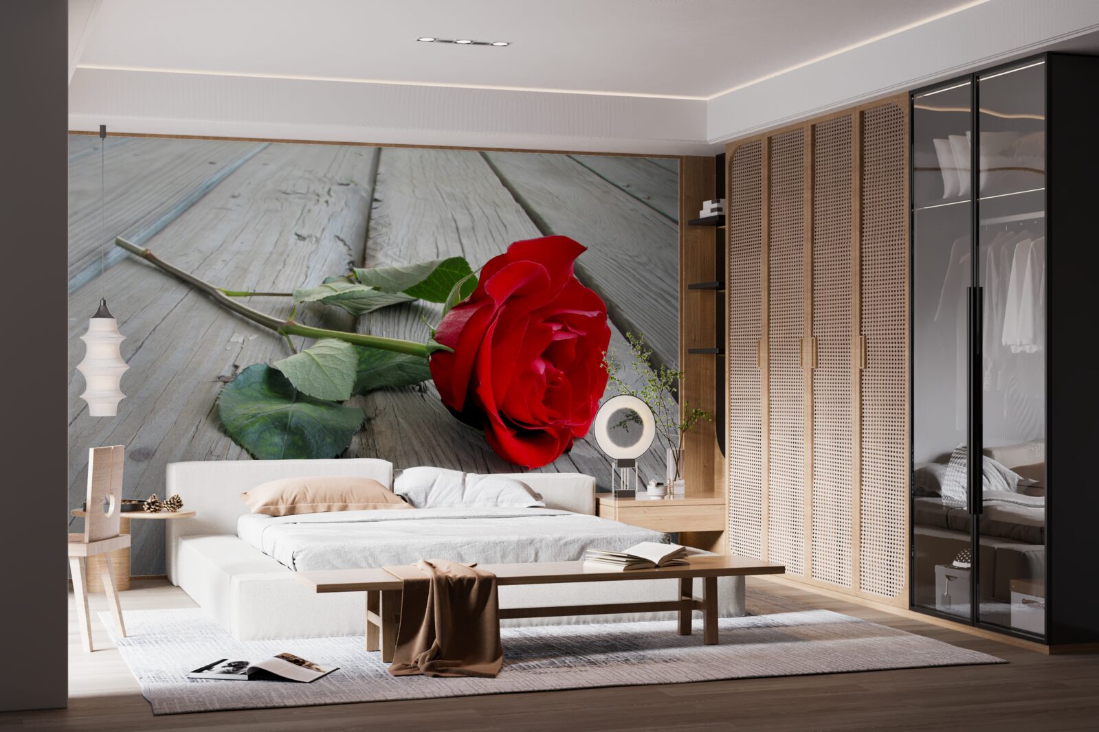 Fototapeta szkarłatny kwiat na drewnianej powierzchni