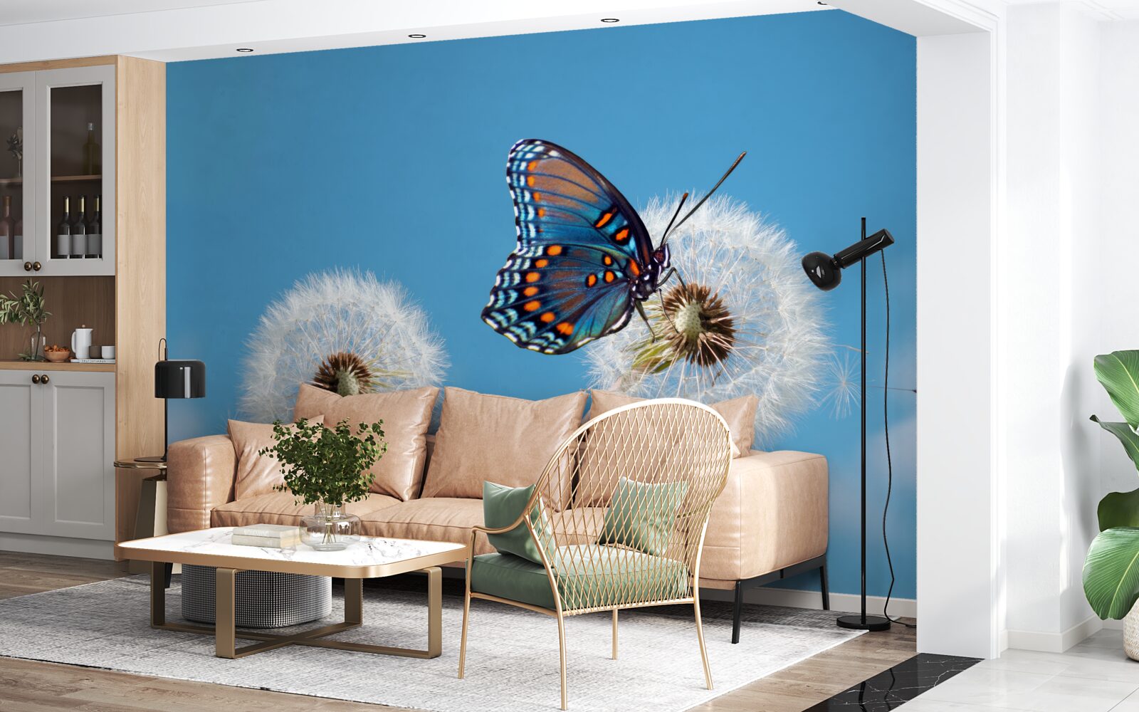 Fototapeta motyl siedzi na zwiędłym mniszku