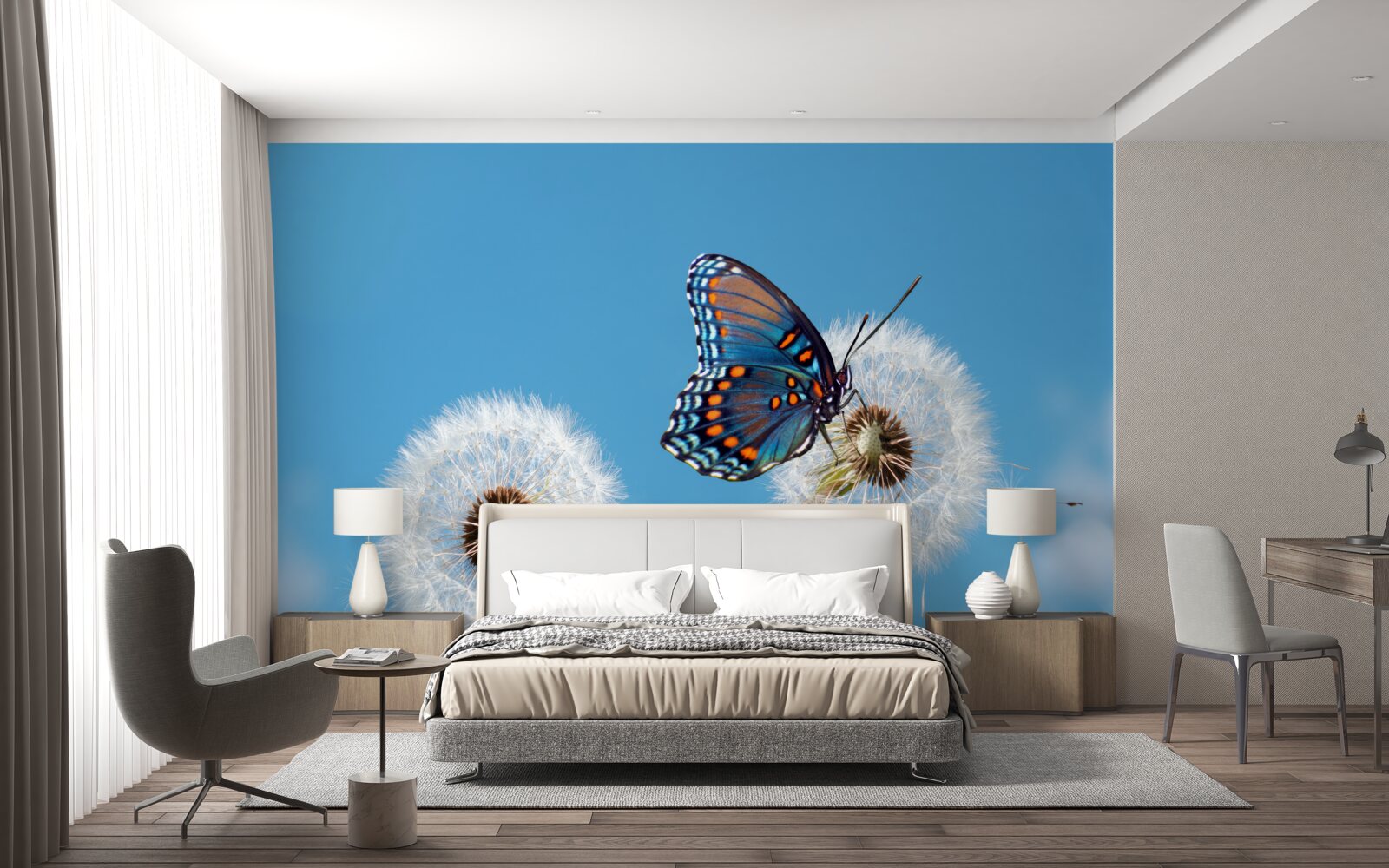 Fototapeta motyl siedzi na zwiędłym mniszku