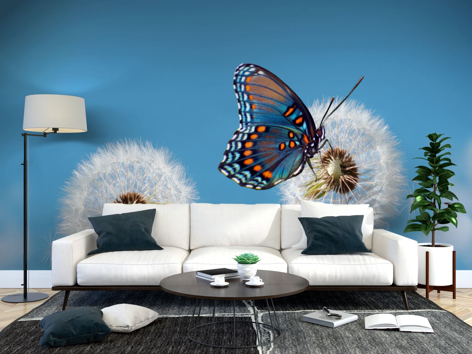 Fototapeta motyl siedzi na zwiędłym mniszku