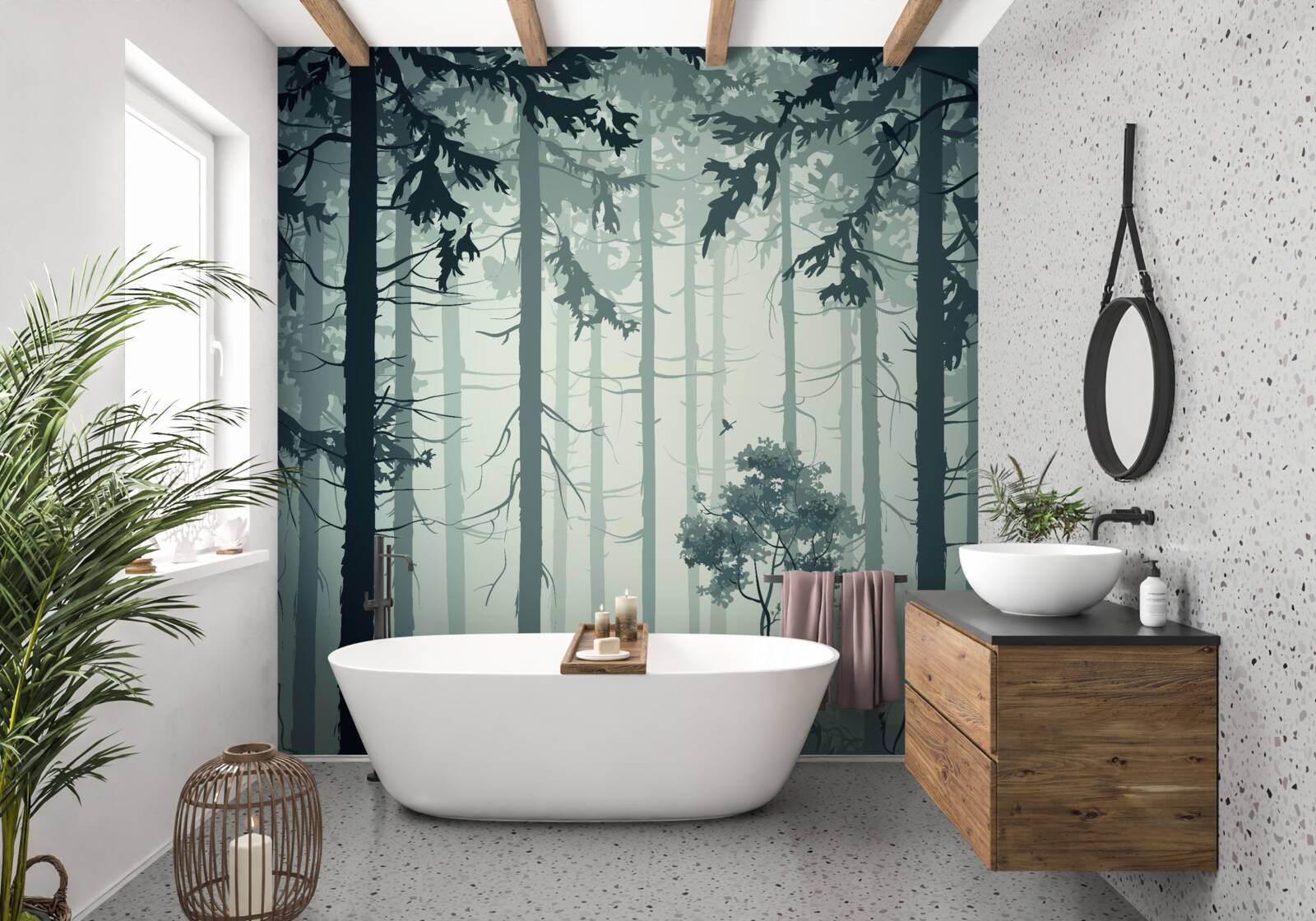 Fototapeta las spowity tajemniczą mgłą