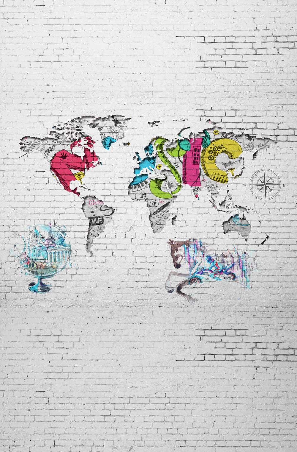 Fototapeta mapa świata w różnych kolorach na białym murem