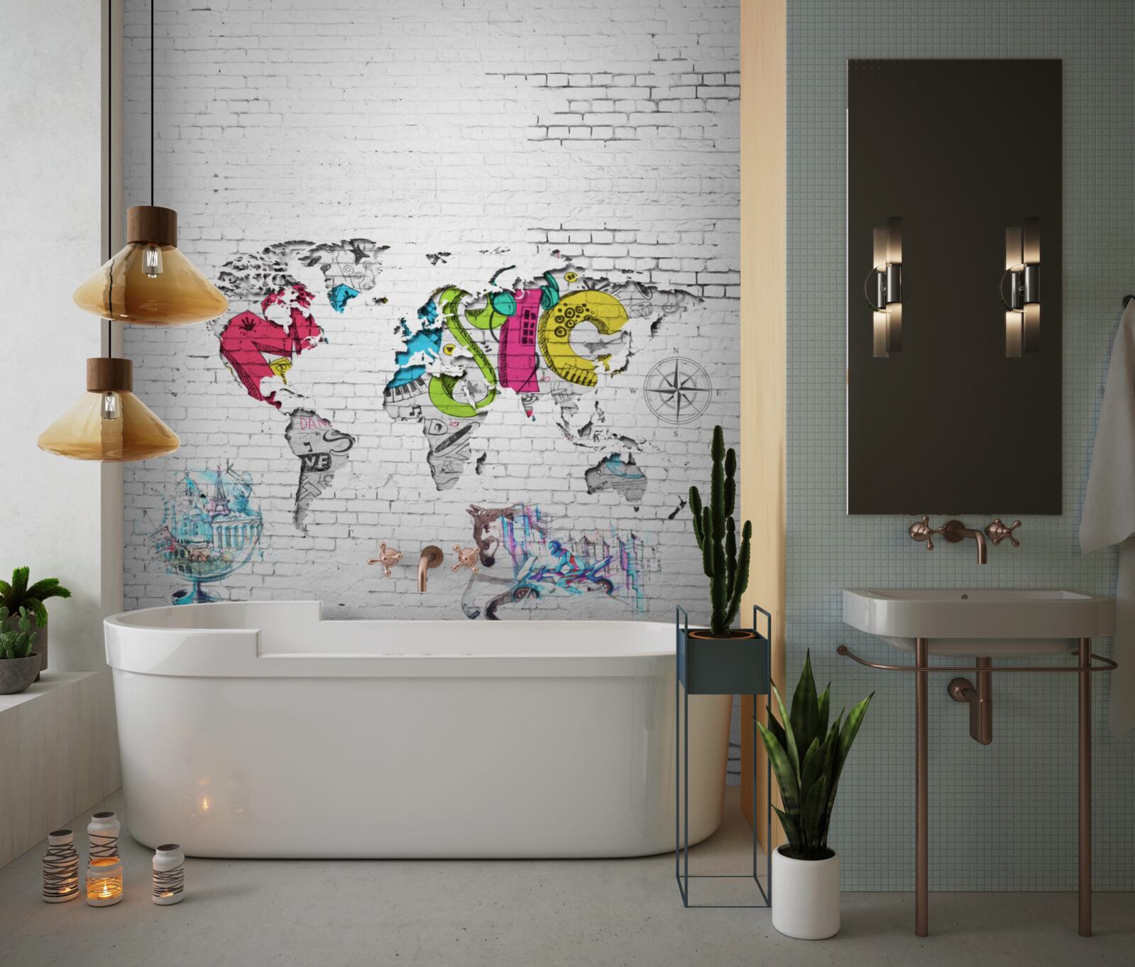 Fototapeta mapa świata w różnych kolorach na białym murem