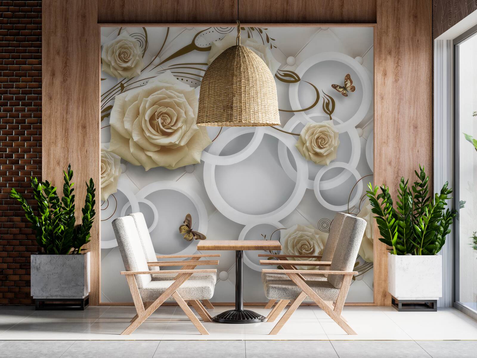 Fototapeta kremowe róże i motyle