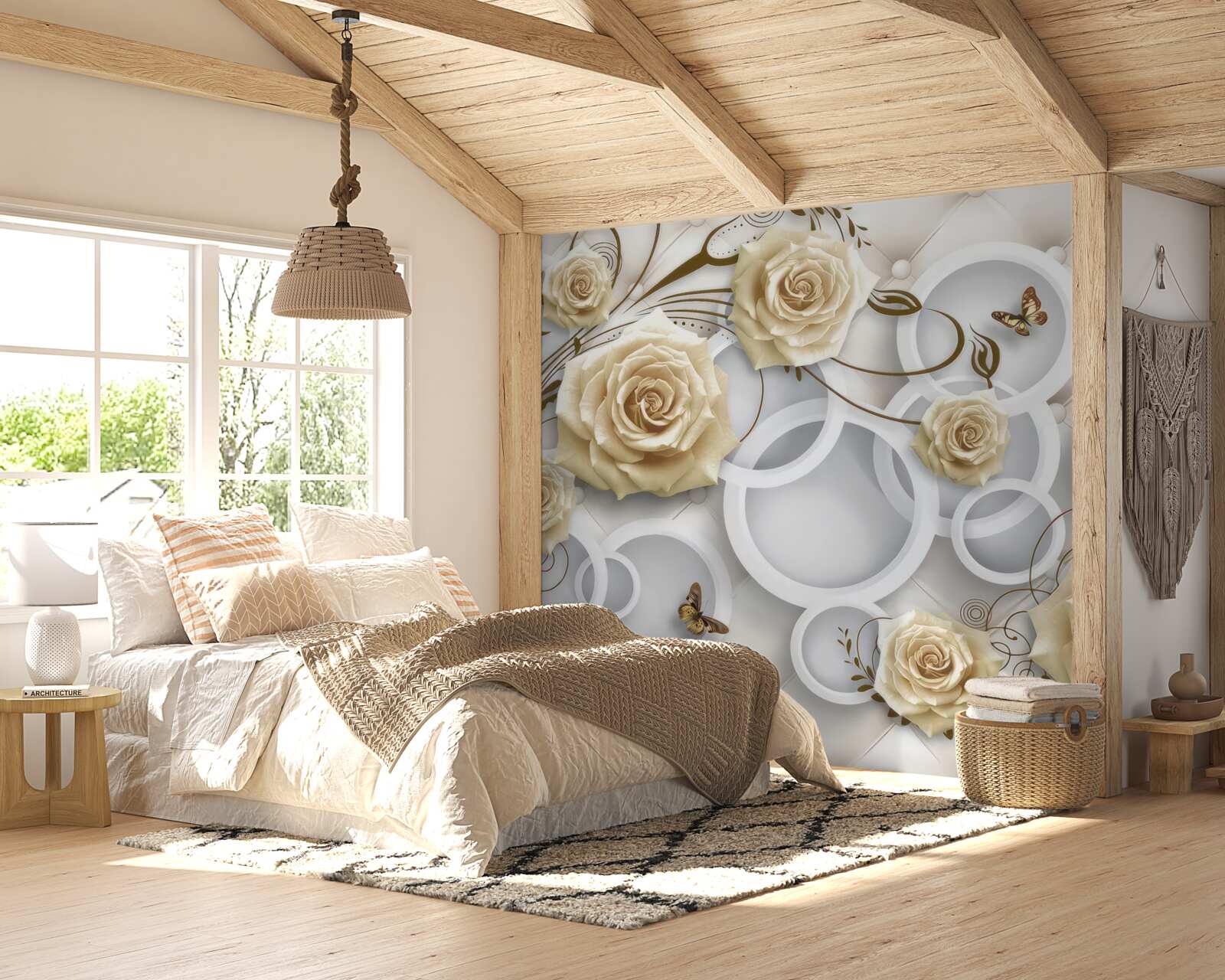 Fototapeta kremowe róże i motyle