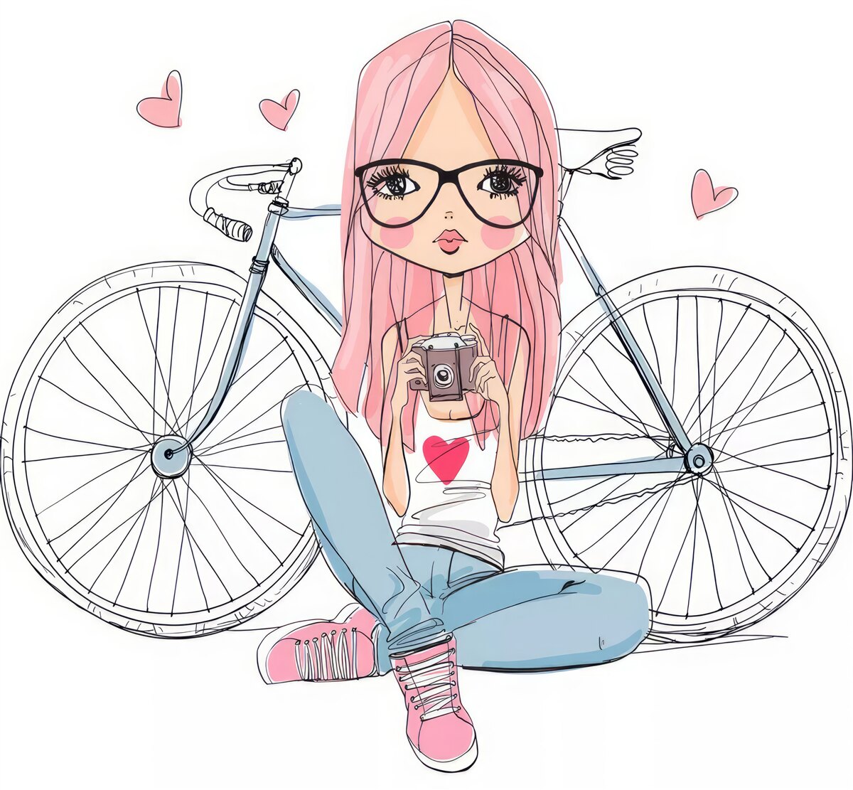 Fototapeta dziewczyna z aparatem w rękach opierała się o rower