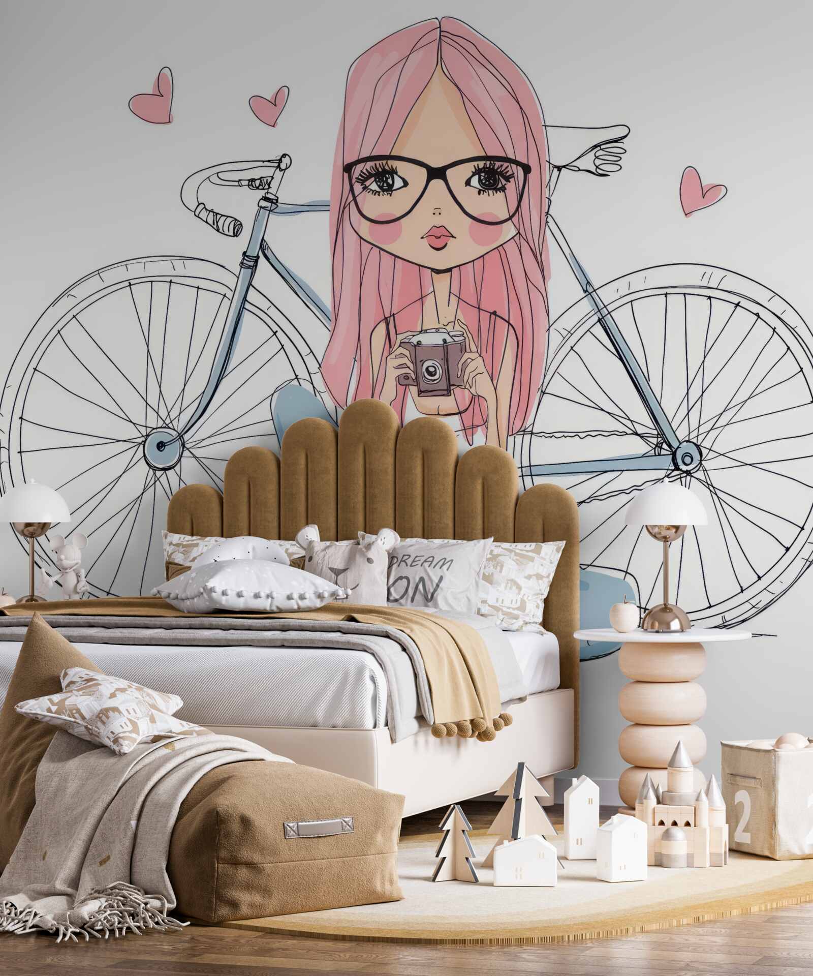 Fototapeta dziewczyna z aparatem w rękach opierała się o rower