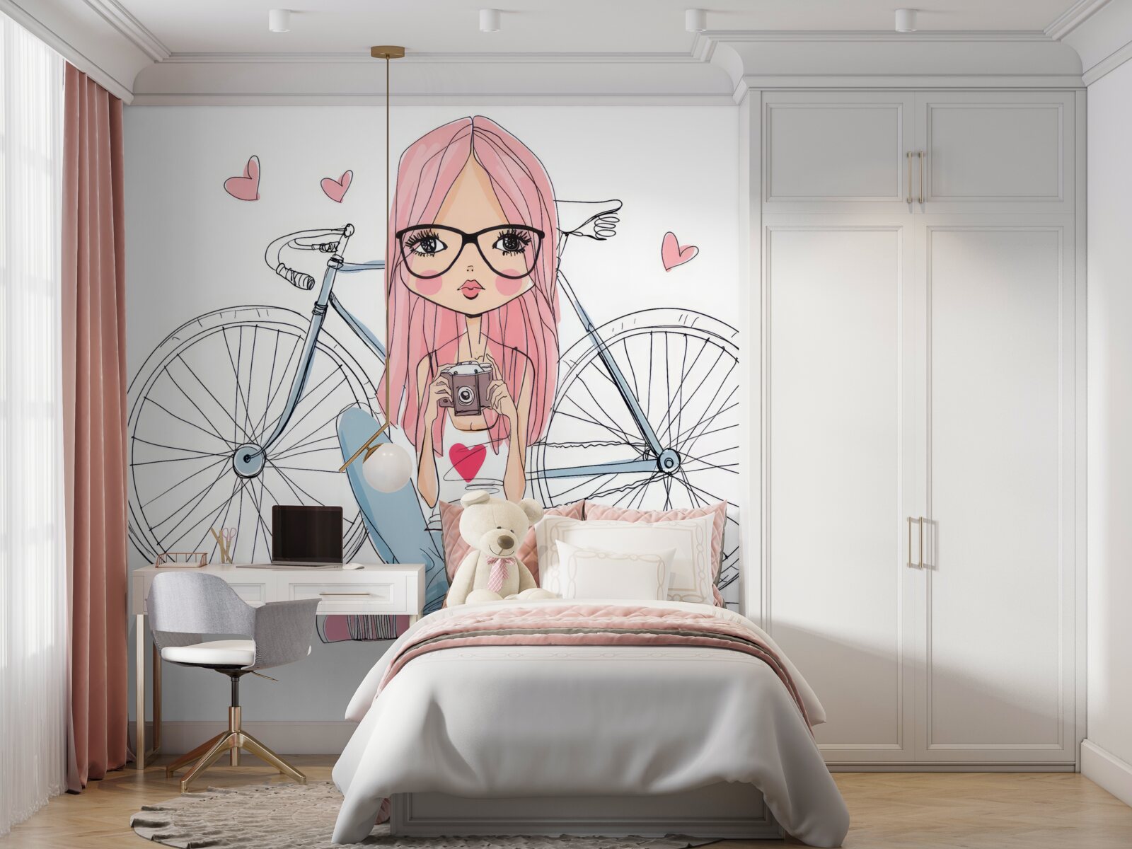 Fototapeta dziewczyna z aparatem w rękach opierała się o rower