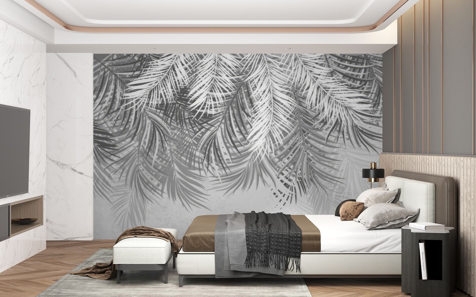 Fototapeta wiszące paprocie w odcieniach bieli i szarości
