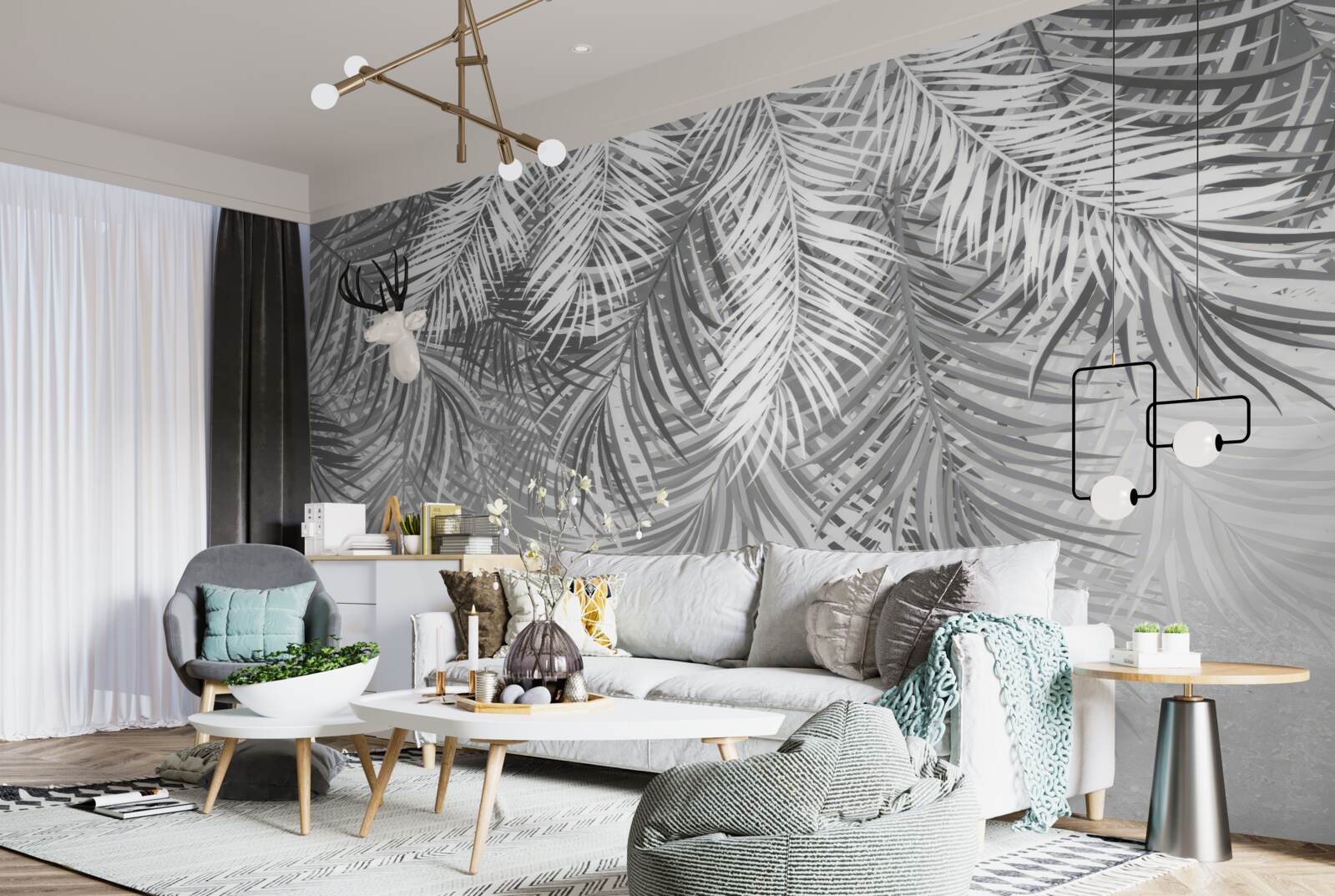 Fototapeta wiszące paprocie w odcieniach bieli i szarości