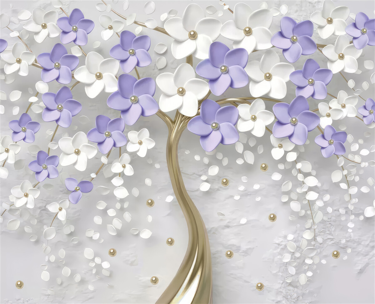 Fototapeta złote drzewo ozdobione białymi i liliowymi kwiatami