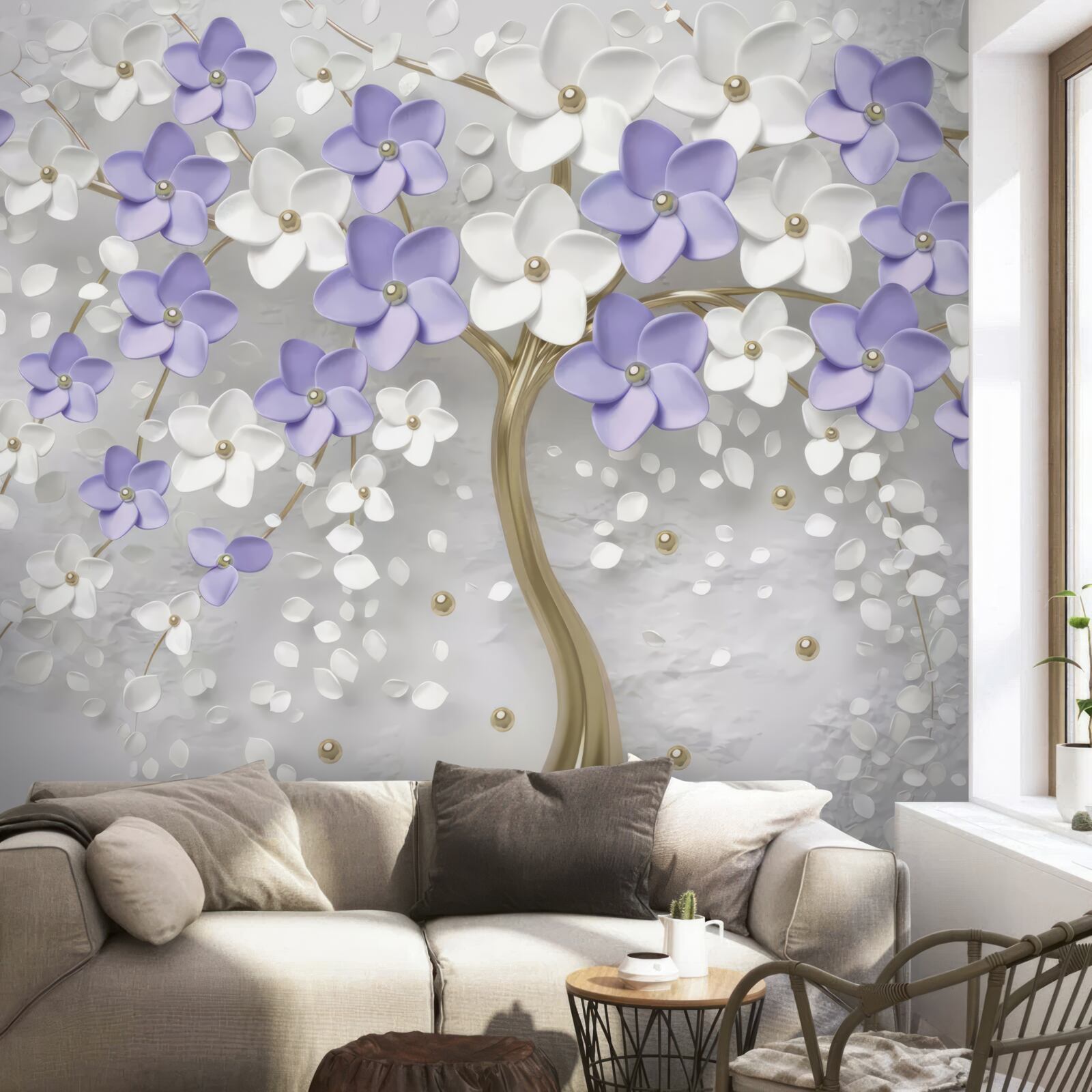 Fototapeta złote drzewo ozdobione białymi i liliowymi kwiatami