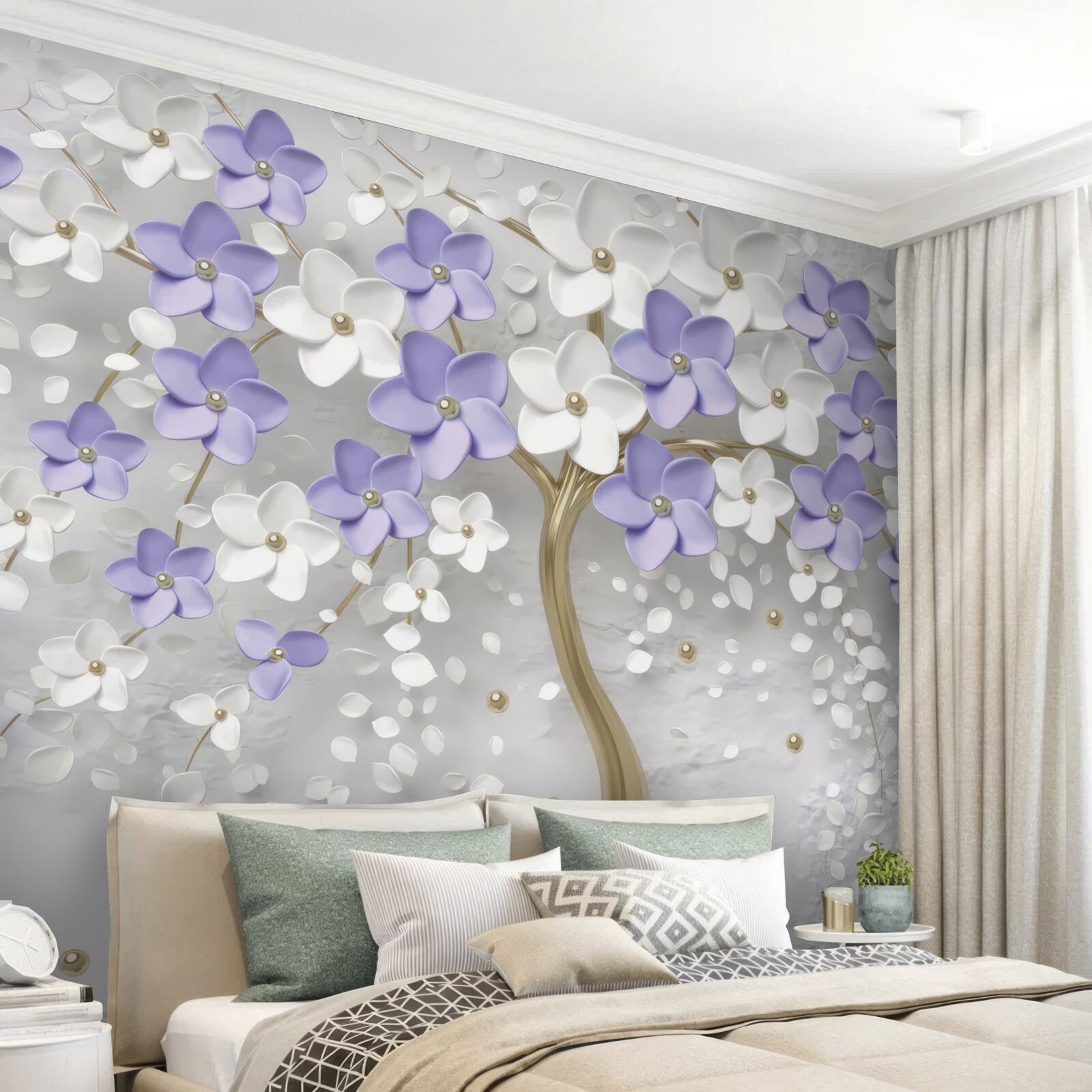 Fototapeta złote drzewo ozdobione białymi i liliowymi kwiatami