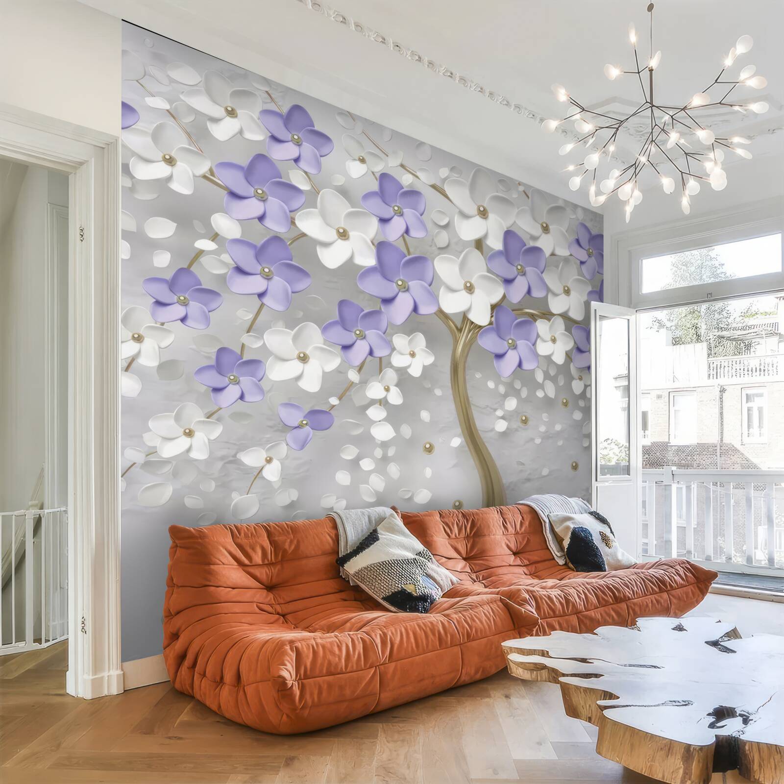 Fototapeta złote drzewo ozdobione białymi i liliowymi kwiatami