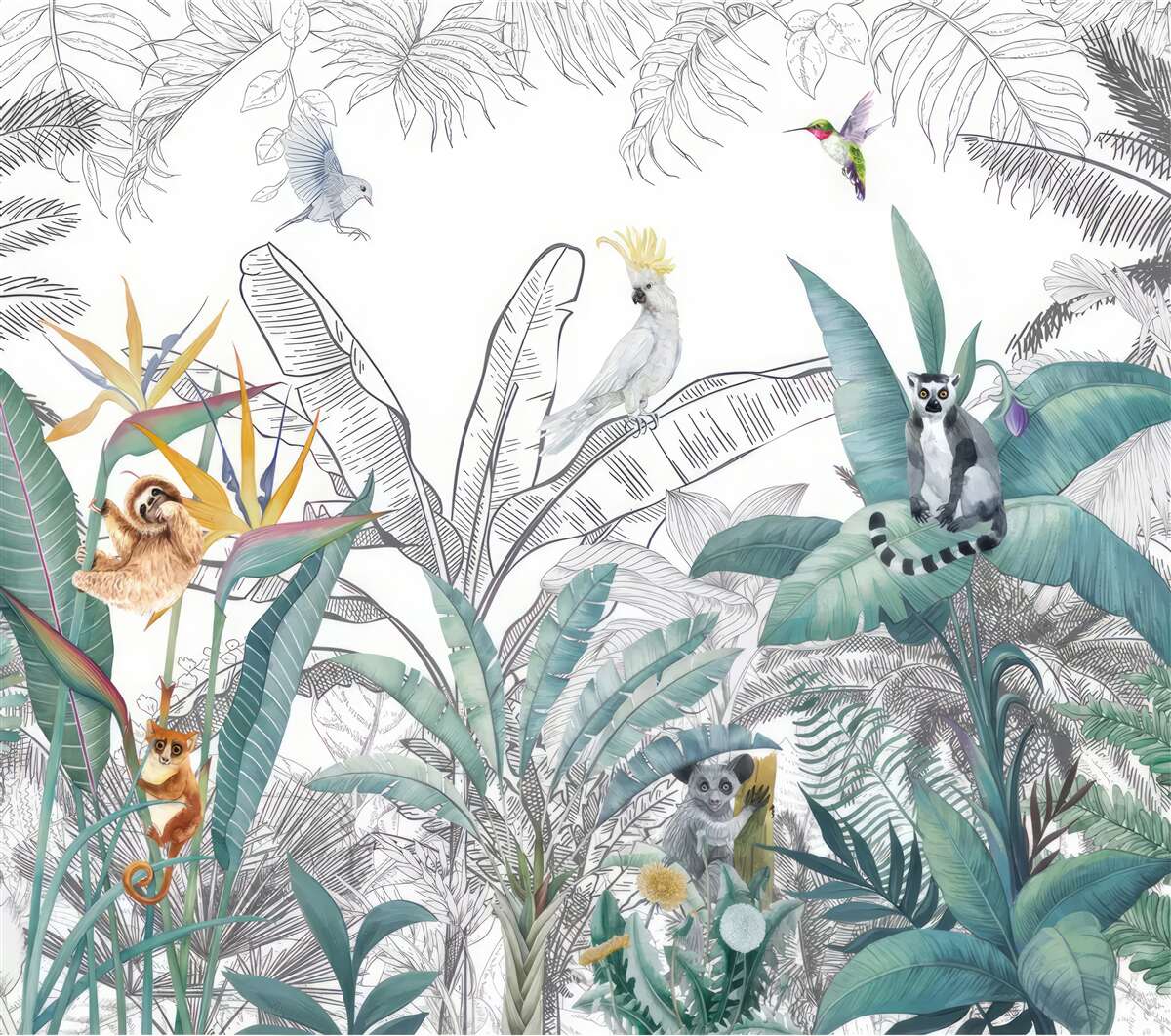 Fototapeta ptaki i zwierzęta na różnorodnych liściach