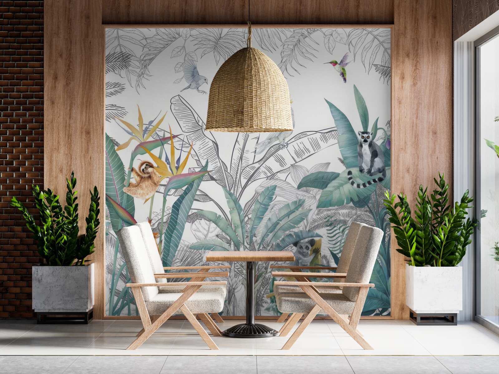 Fototapeta ptaki i zwierzęta na różnorodnych liściach