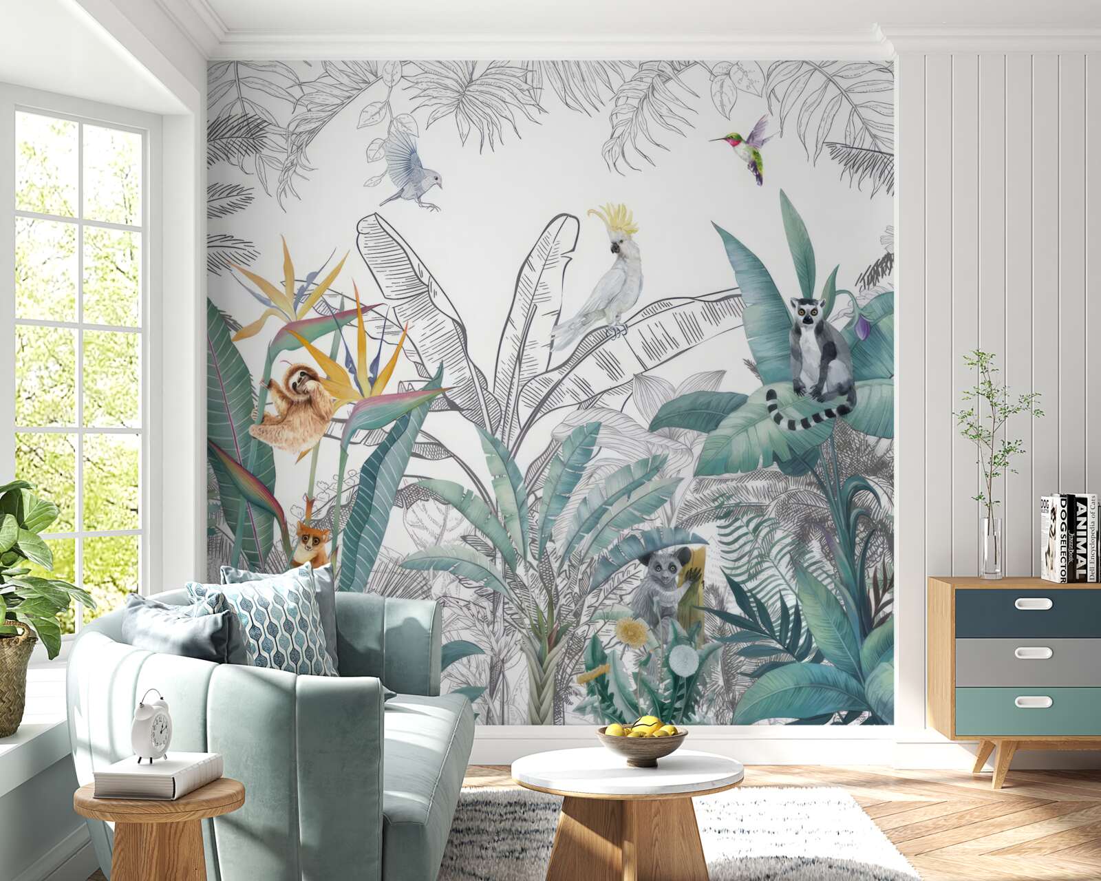 Fototapeta ptaki i zwierzęta na różnorodnych liściach