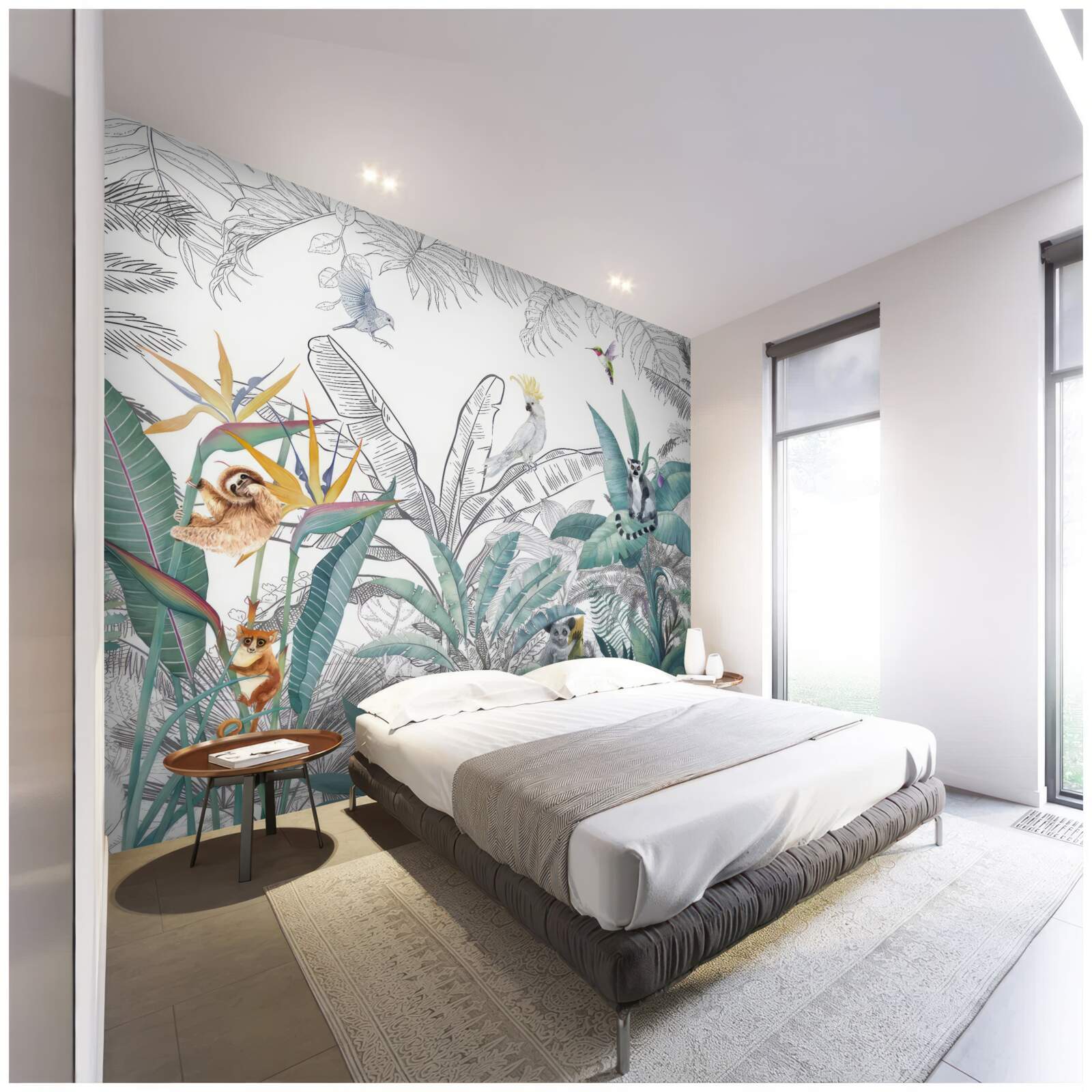 Fototapeta ptaki i zwierzęta na różnorodnych liściach