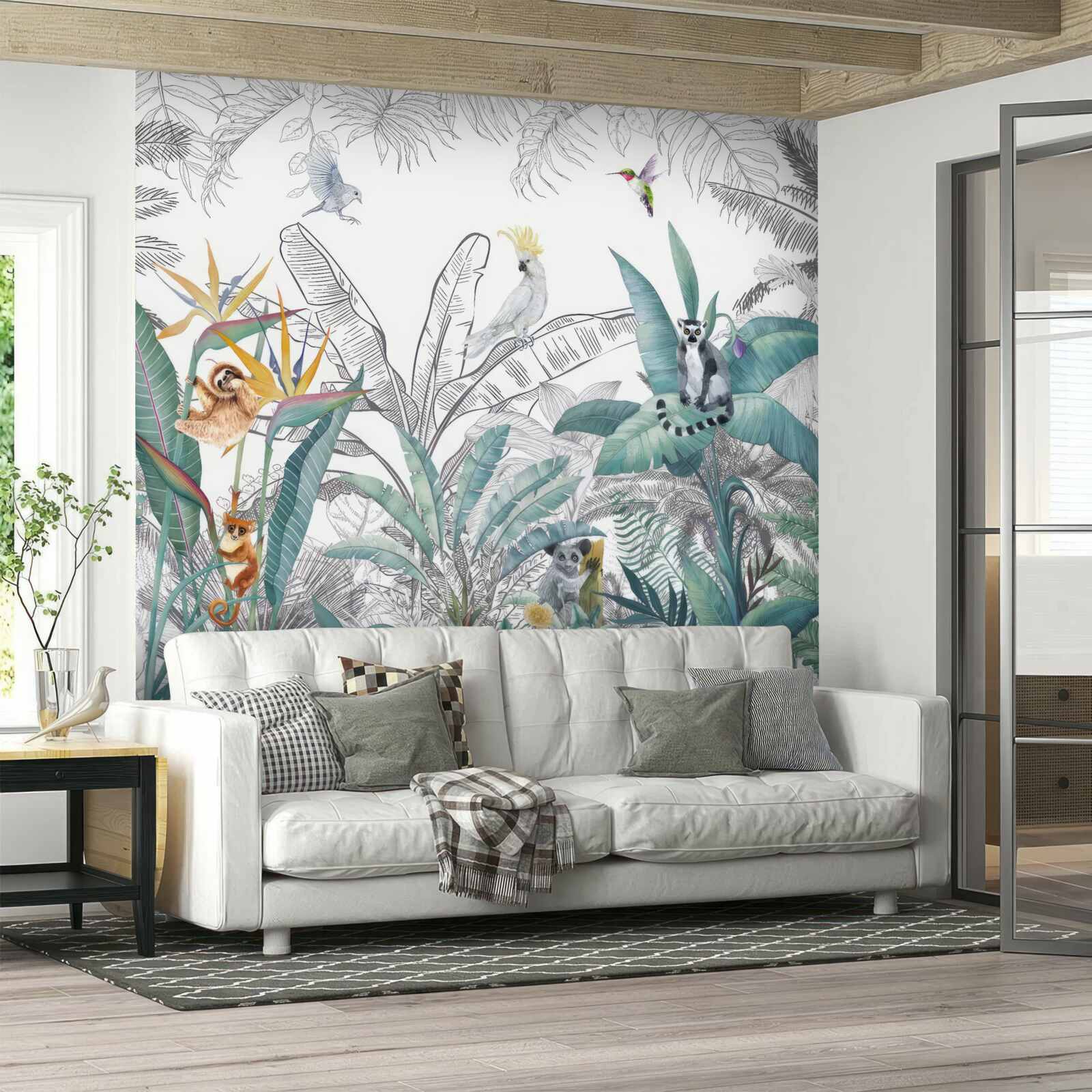 Fototapeta ptaki i zwierzęta na różnorodnych liściach