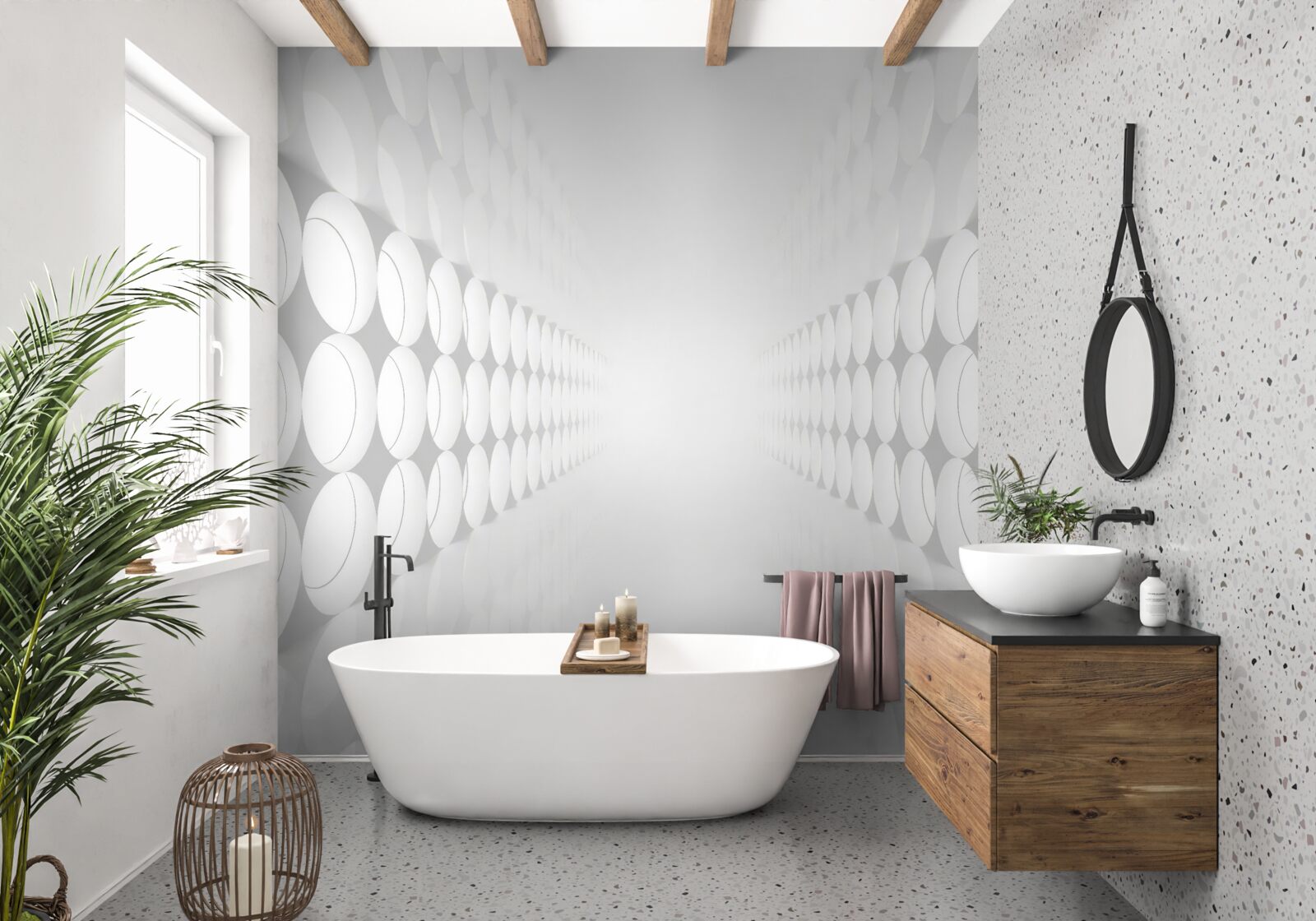 Fototapeta tunel jest biały, a na jego końcu znajduje się oświetlenie