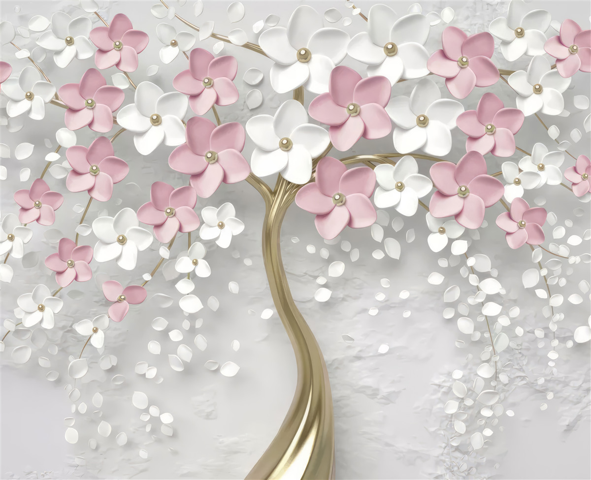 Fototapeta małe kwiaty w kolorze białym i różowym na drzewie ze złotymi liśćmi