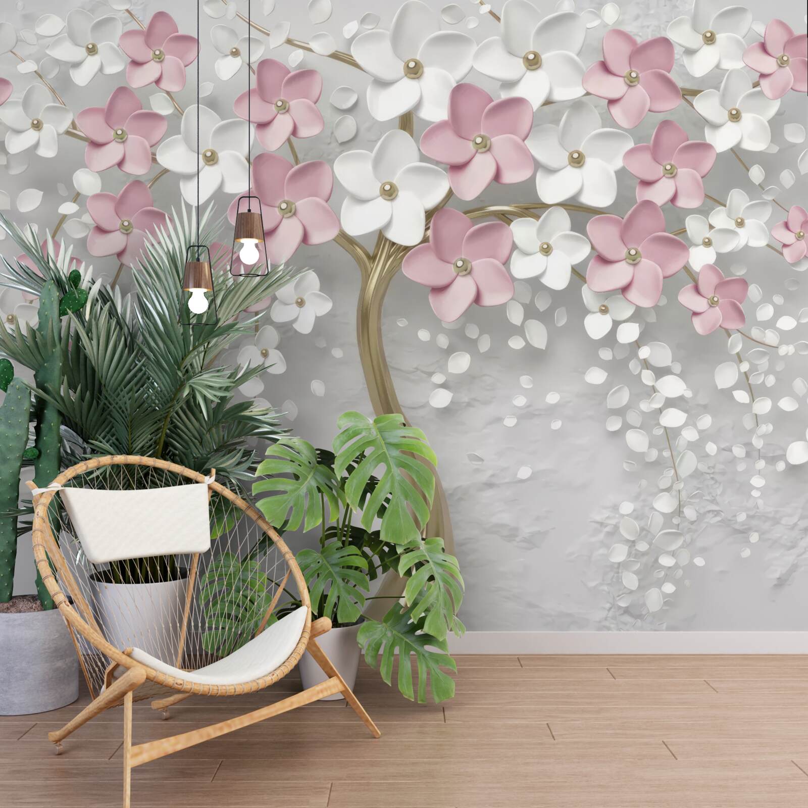 Fototapeta małe kwiaty w kolorze białym i różowym na drzewie ze złotymi liśćmi