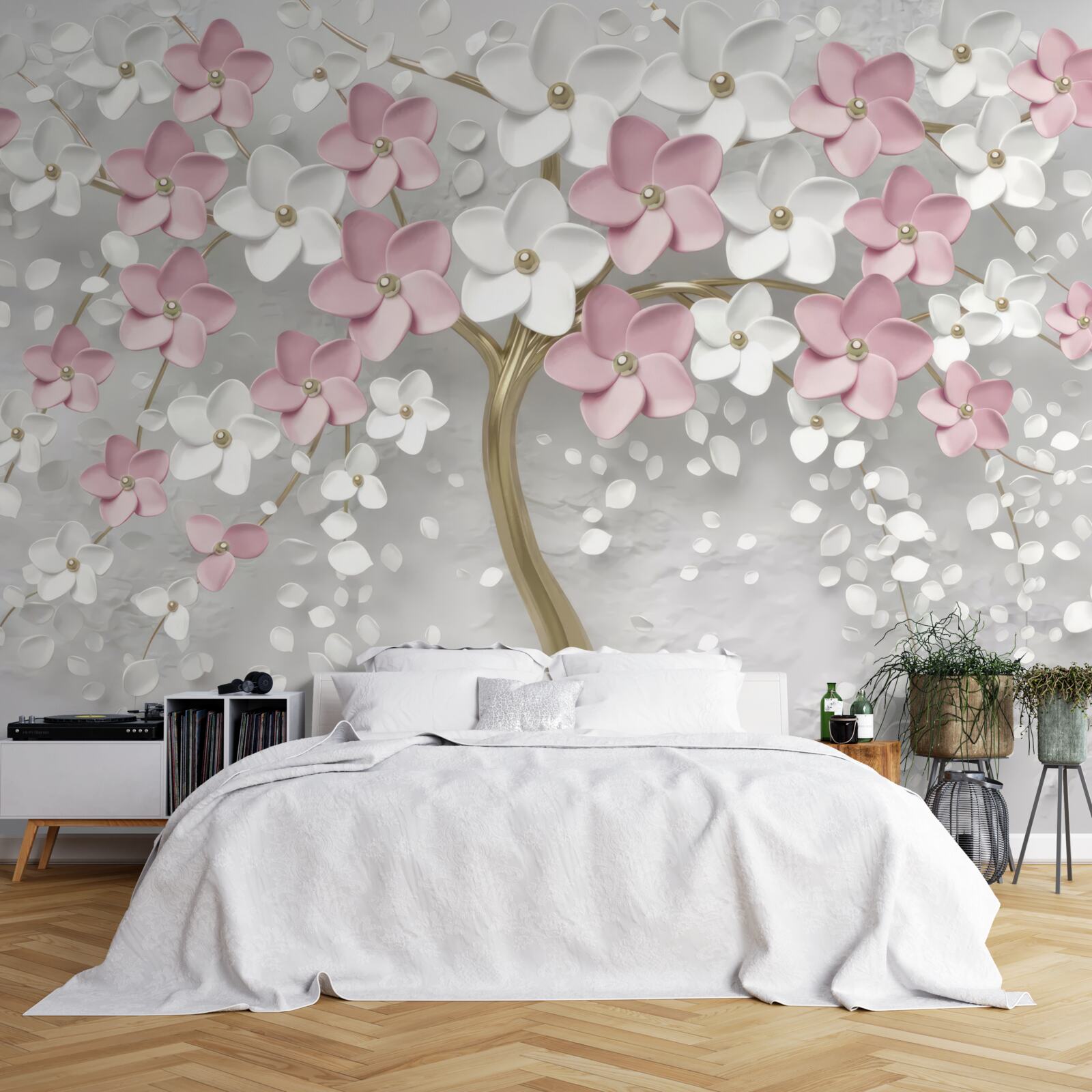 Fototapeta małe kwiaty w kolorze białym i różowym na drzewie ze złotymi liśćmi