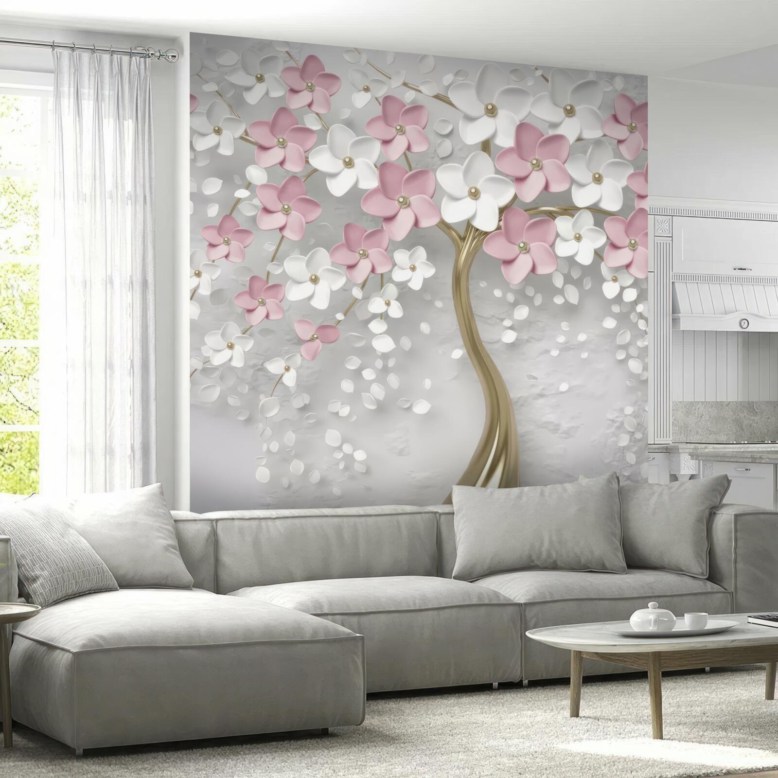 Fototapeta małe kwiaty w kolorze białym i różowym na drzewie ze złotymi liśćmi