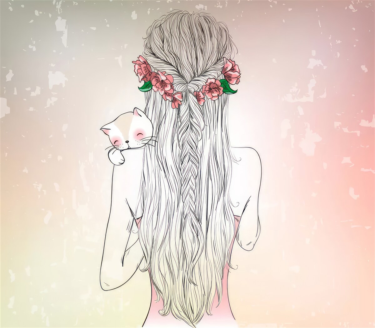 Fototapeta dziewczyna stoi tyłem, trzymając w rękach kota