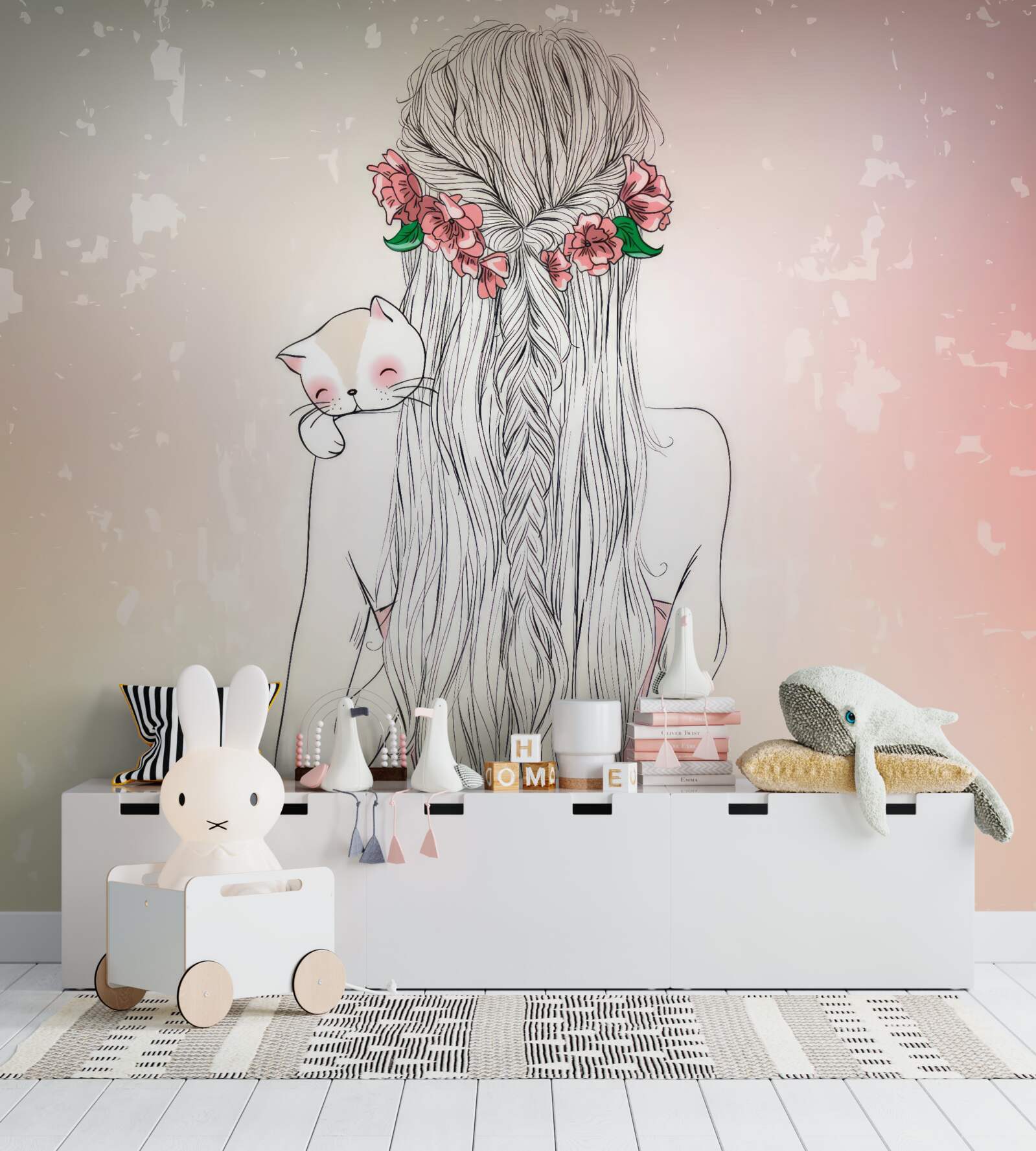 Fototapeta dziewczyna stoi tyłem, trzymając w rękach kota