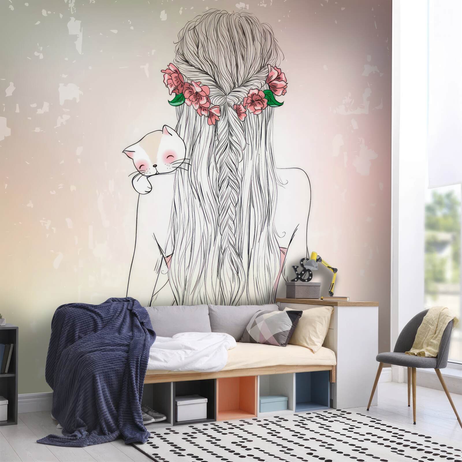 Fototapeta dziewczyna stoi tyłem, trzymając w rękach kota