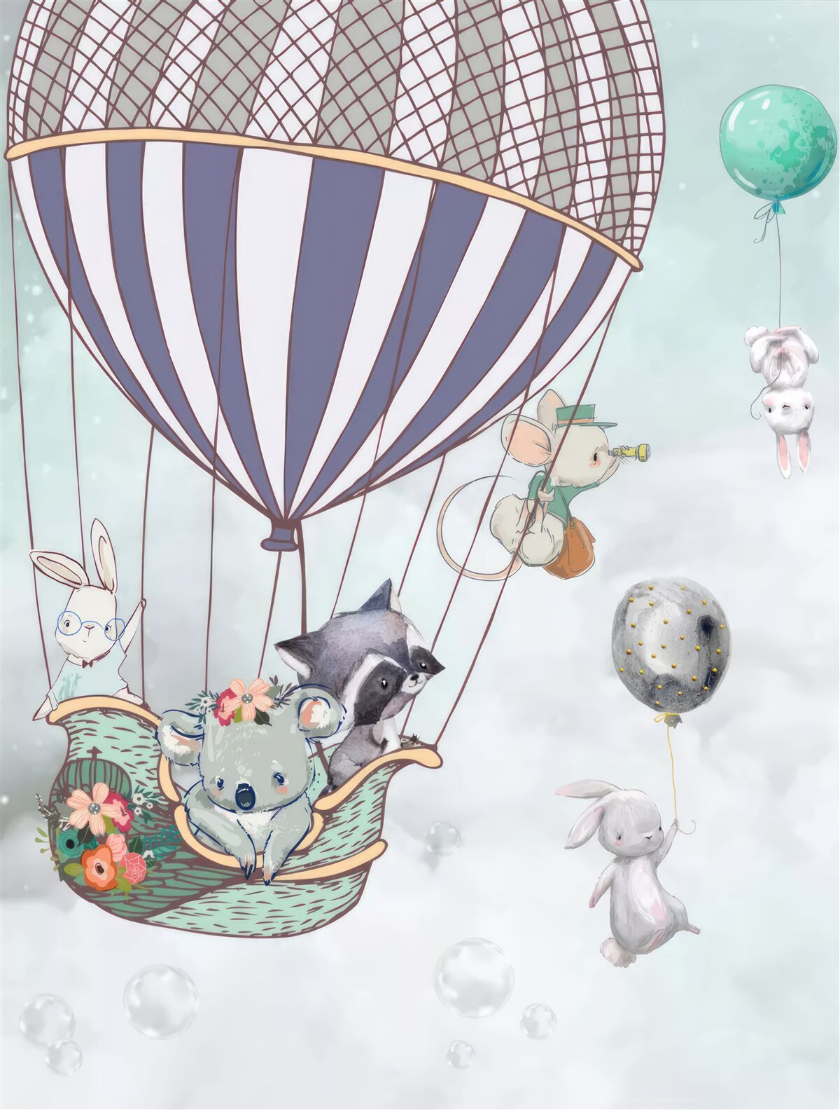 Fototapeta zwierzęta podróżują balonem na ogrzane powietrze, a obok nich unoszą się balony
