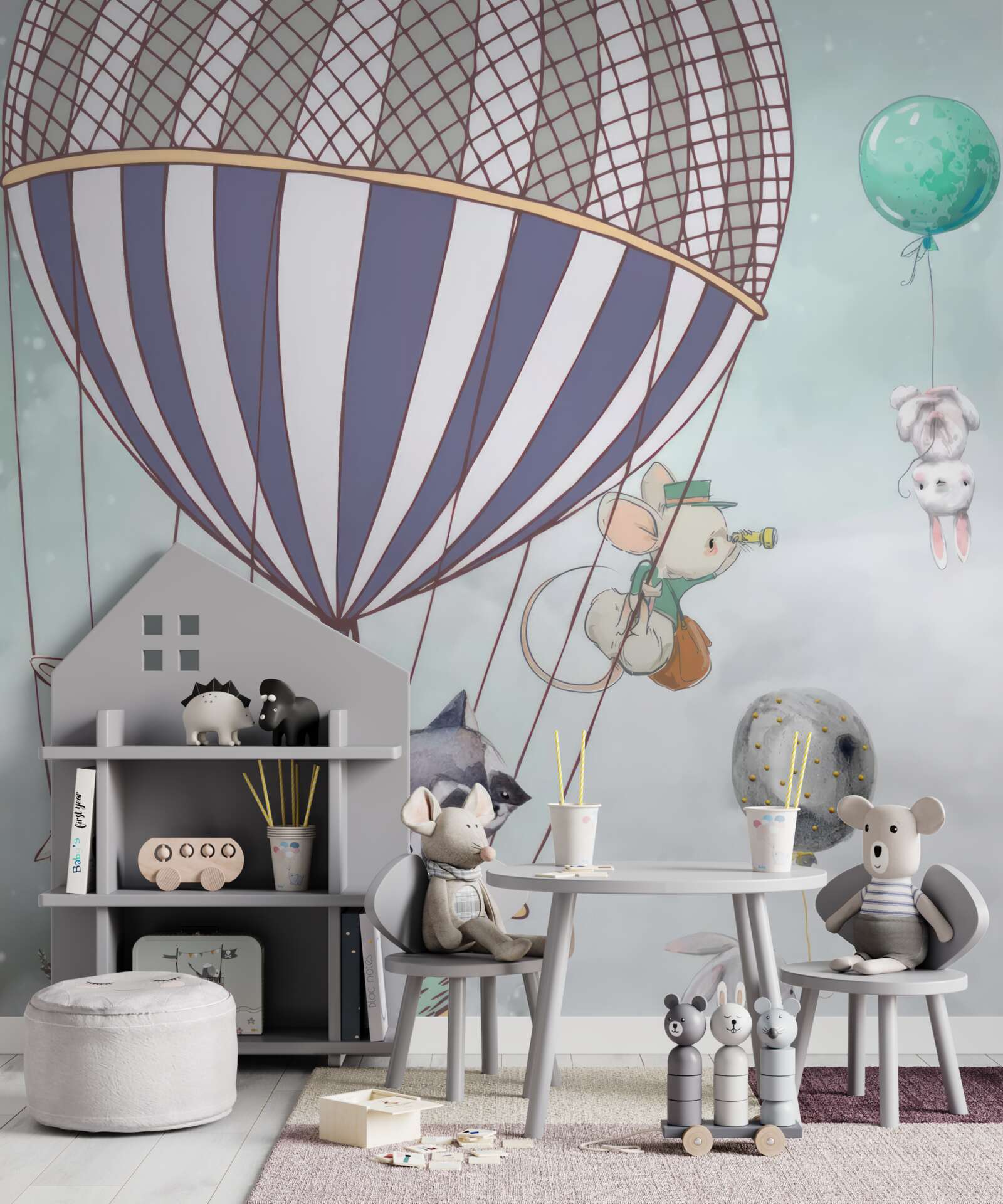 Fototapeta zwierzęta podróżują balonem na ogrzane powietrze, a obok nich unoszą się balony