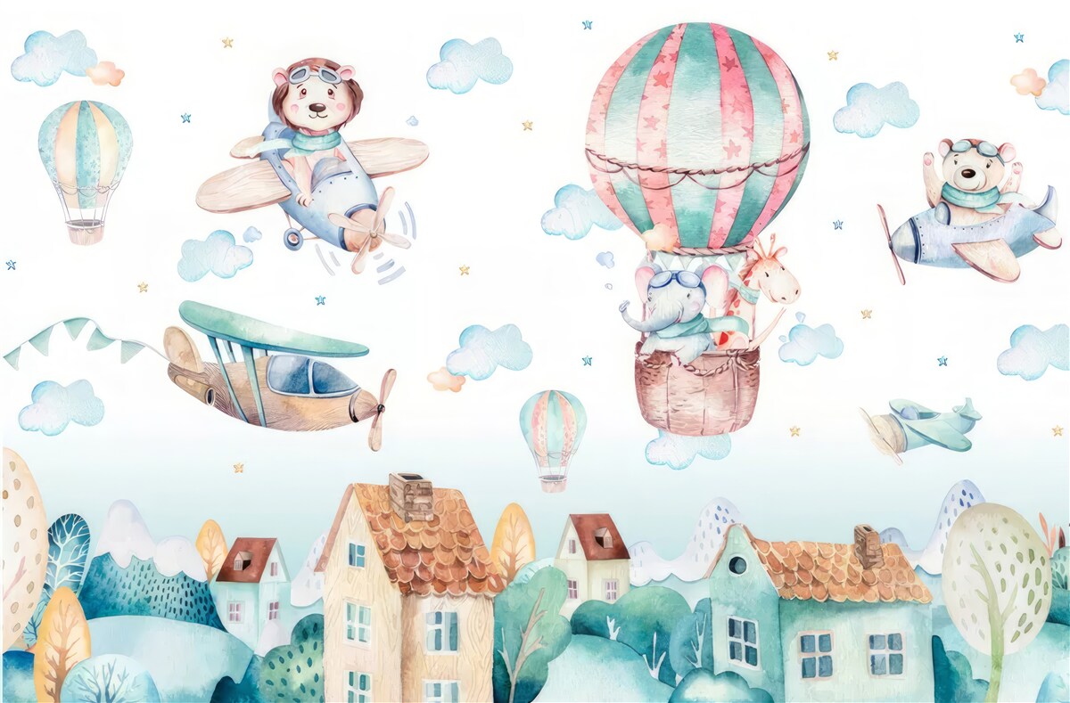 Fototapeta zwierzęta przelatują pojazdami nad domami