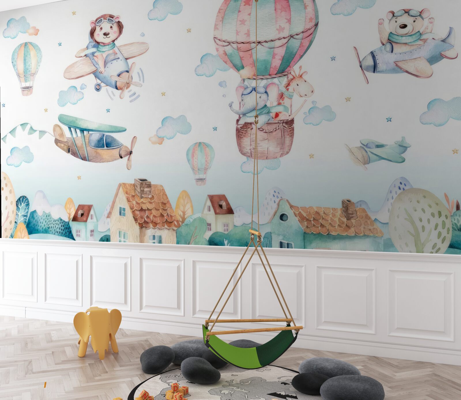 Fototapeta zwierzęta przelatują pojazdami nad domami