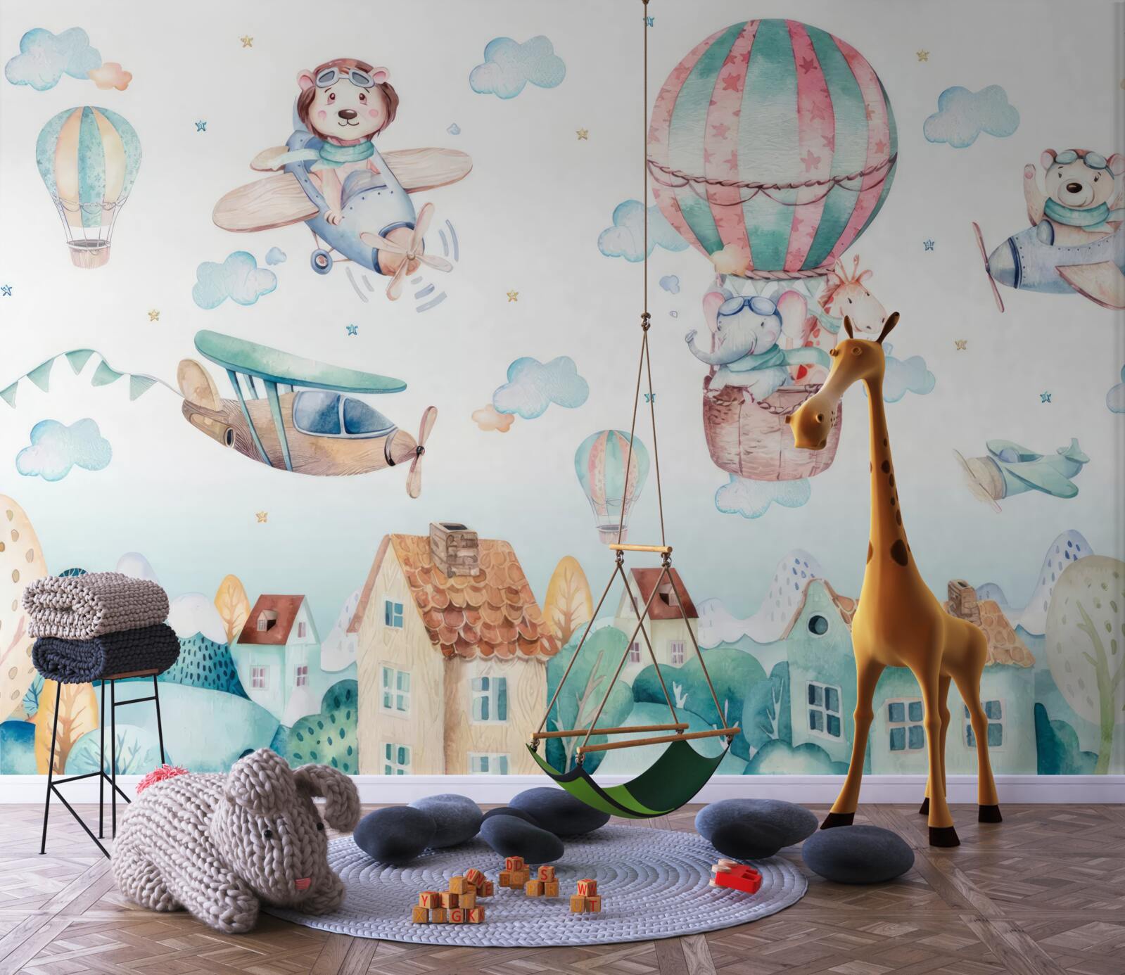 Fototapeta zwierzęta przelatują pojazdami nad domami