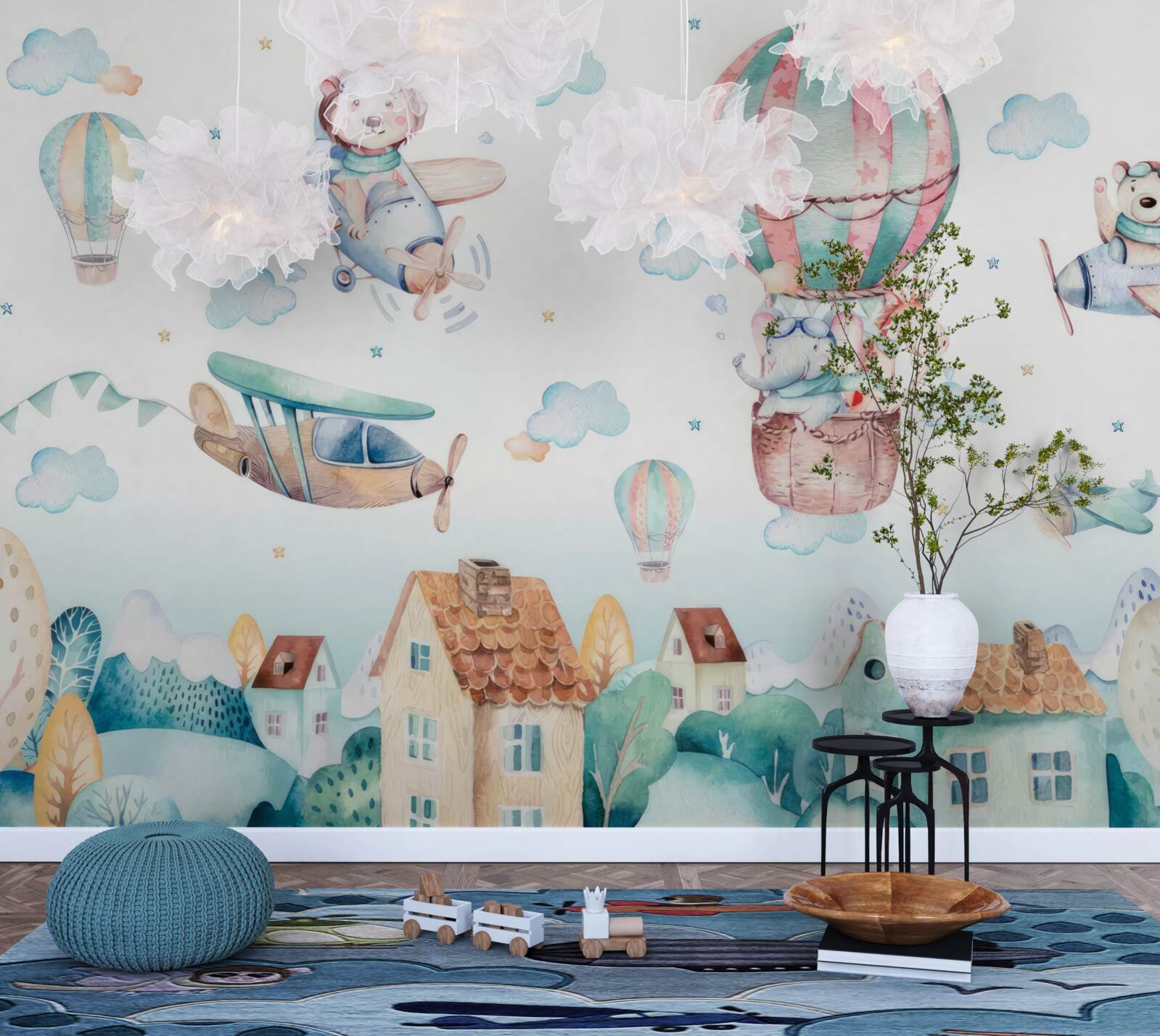 Fototapeta zwierzęta przelatują pojazdami nad domami