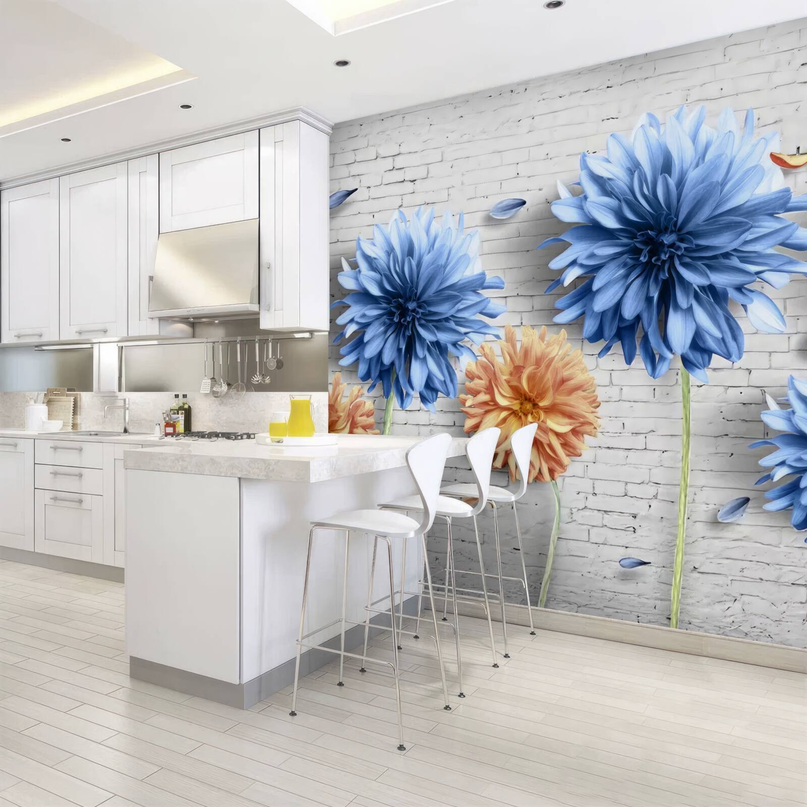 Fototapeta kwiaty w odcieniach brązu i błękitu na ceglanym tle