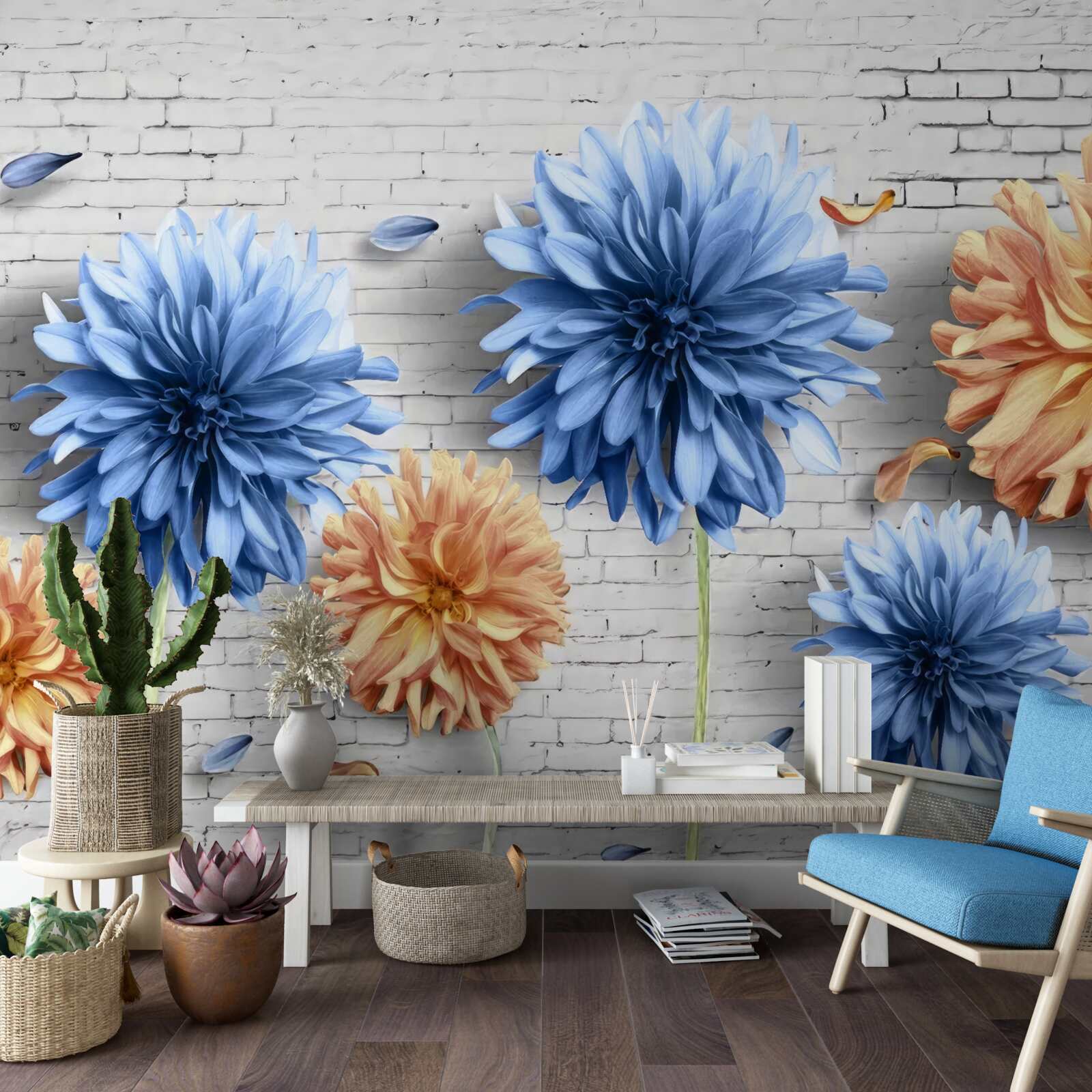 Fototapeta kwiaty w odcieniach brązu i błękitu na ceglanym tle