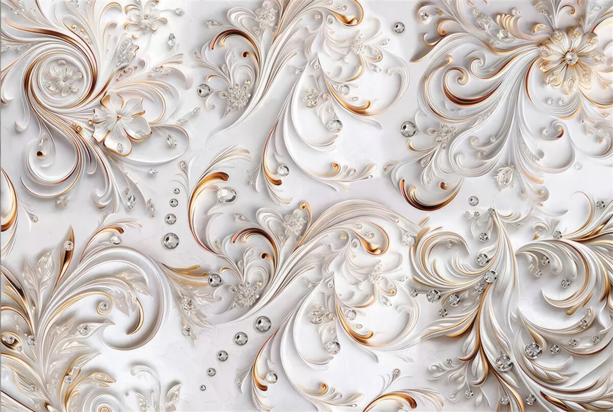 Fototapeta kwiaty śnieżnobiałe ze złotymi lokami i elementami wolumetrycznymi