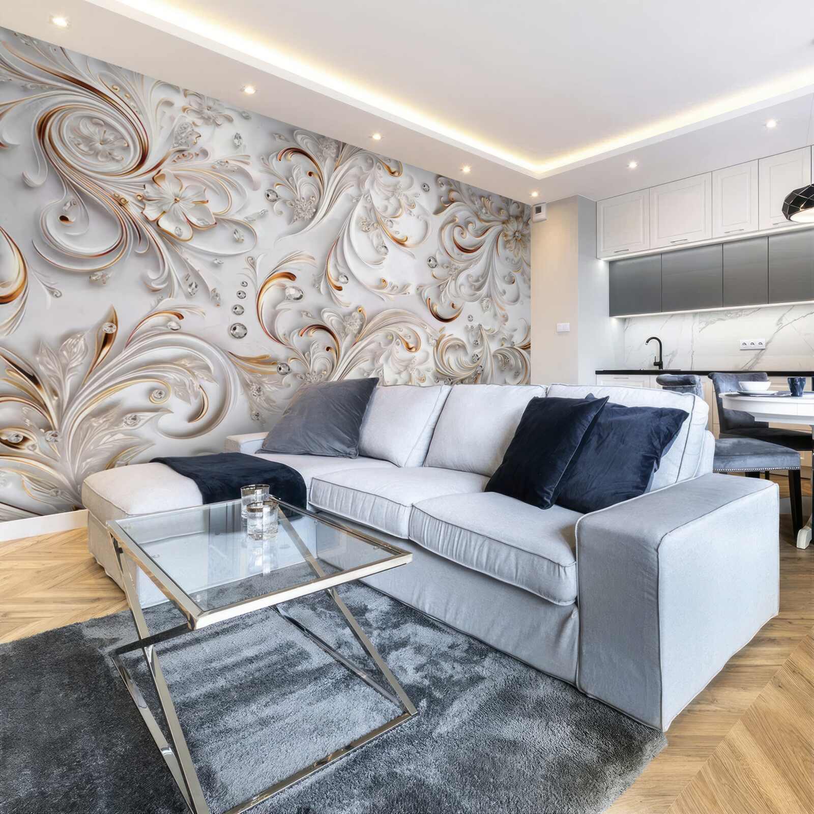 Fototapeta kwiaty śnieżnobiałe ze złotymi lokami i elementami wolumetrycznymi