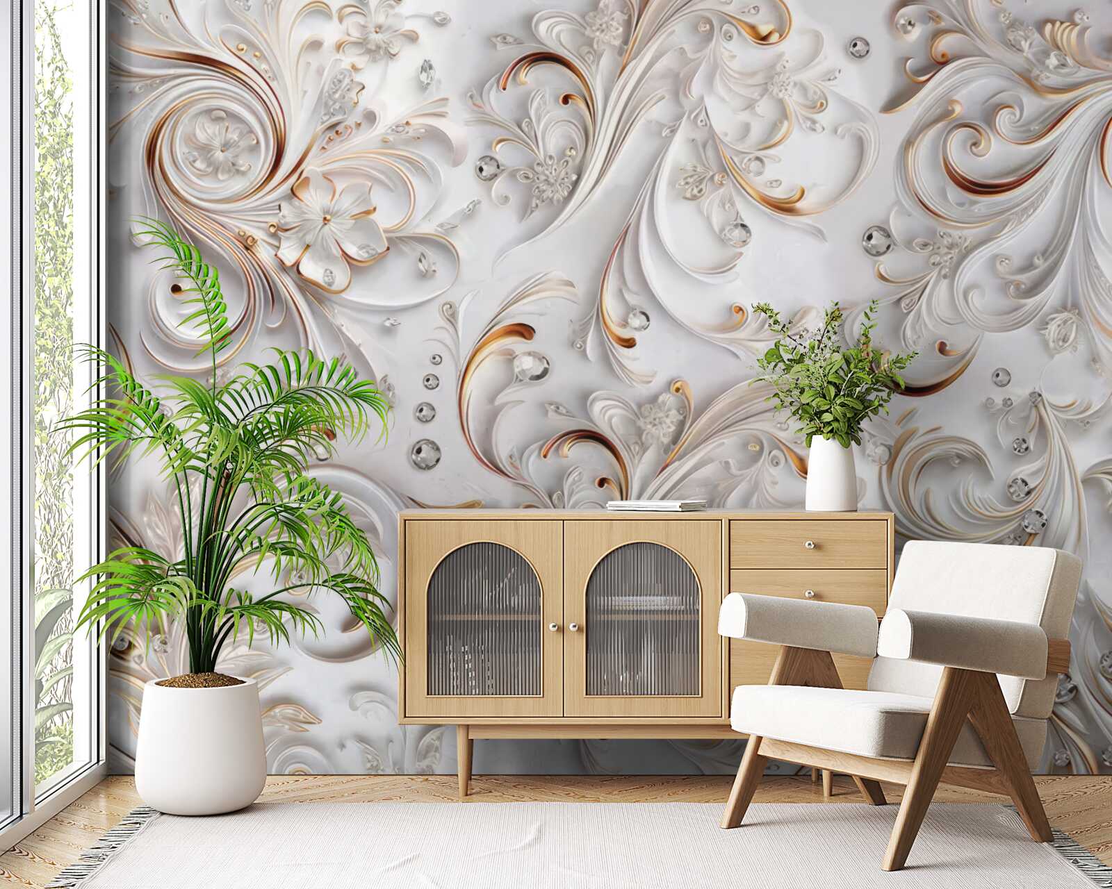 Fototapeta kwiaty śnieżnobiałe ze złotymi lokami i elementami wolumetrycznymi