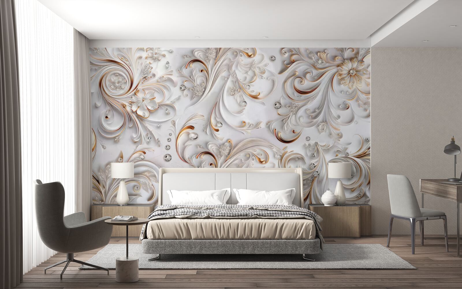 Fototapeta kwiaty śnieżnobiałe ze złotymi lokami i elementami wolumetrycznymi