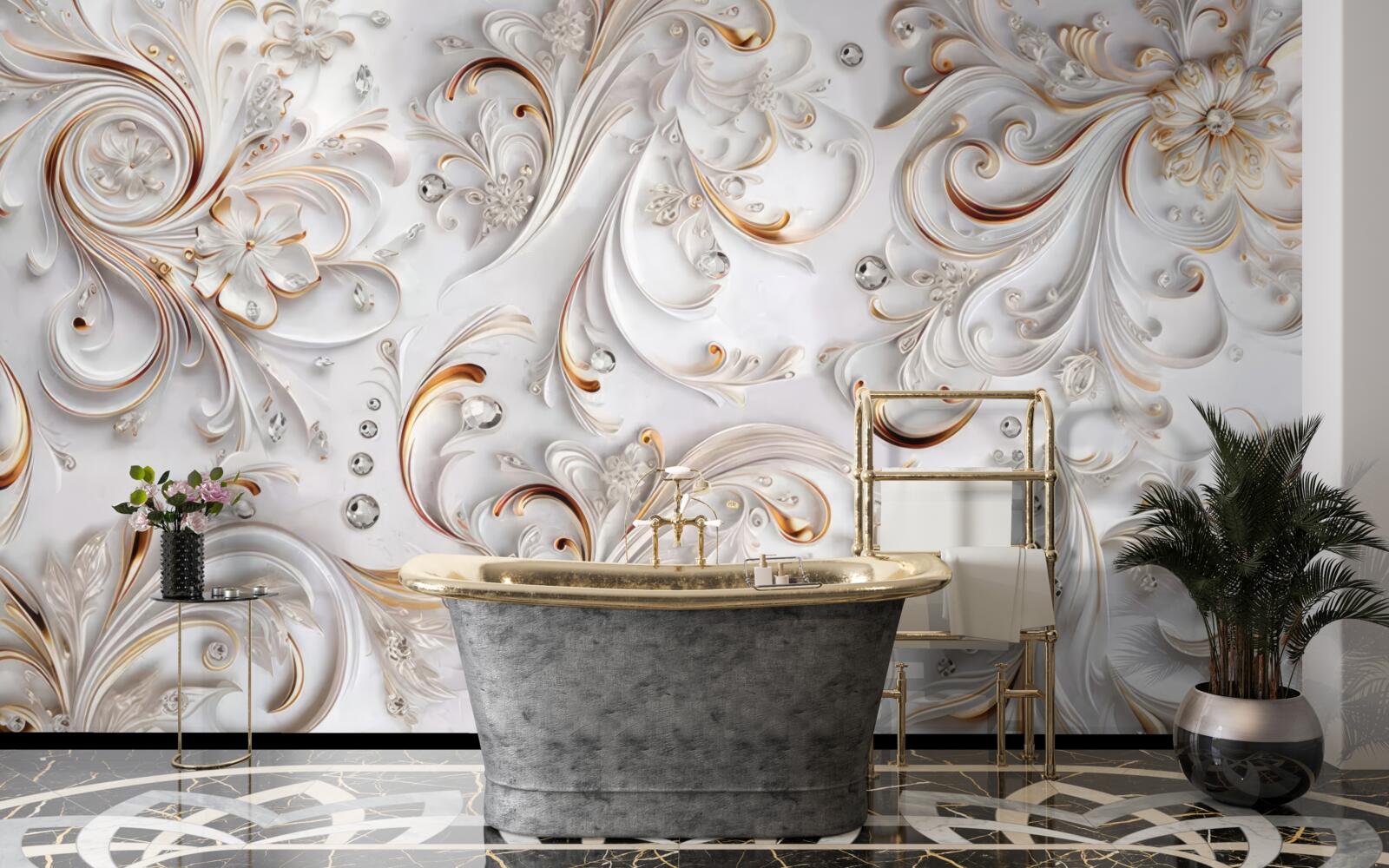 Fototapeta kwiaty śnieżnobiałe ze złotymi lokami i elementami wolumetrycznymi