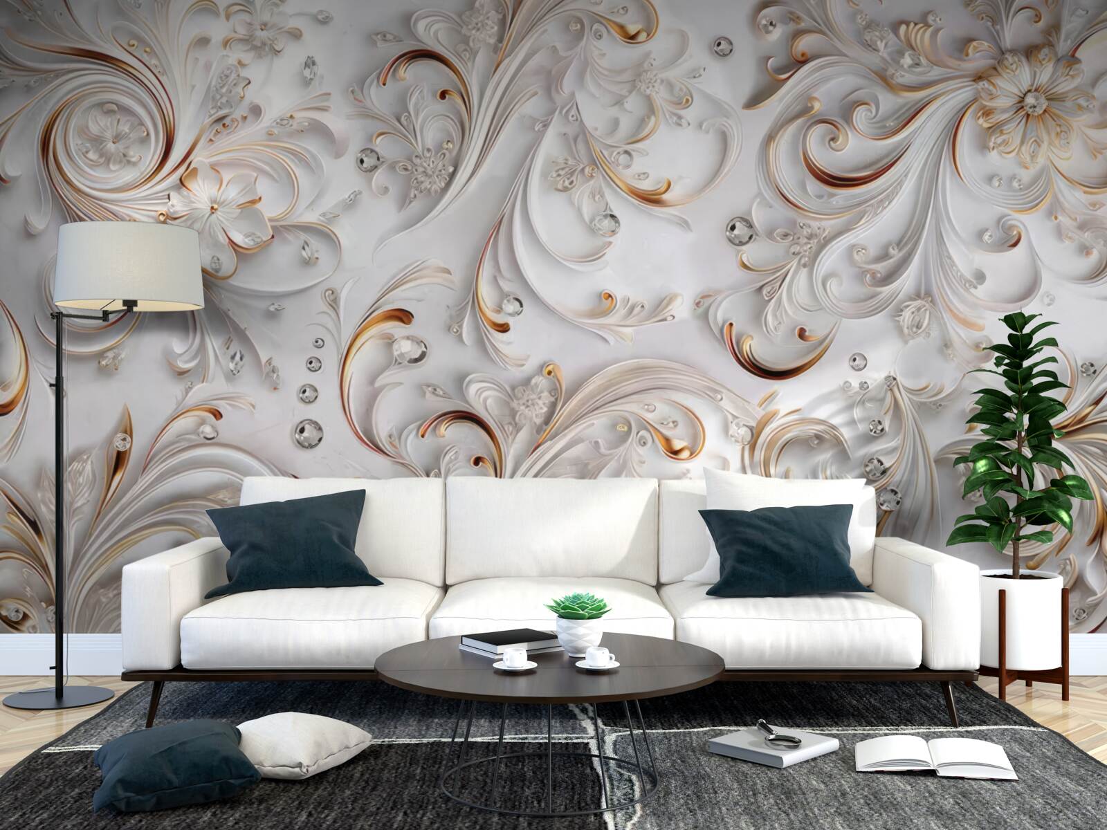 Fototapeta kwiaty śnieżnobiałe ze złotymi lokami i elementami wolumetrycznymi