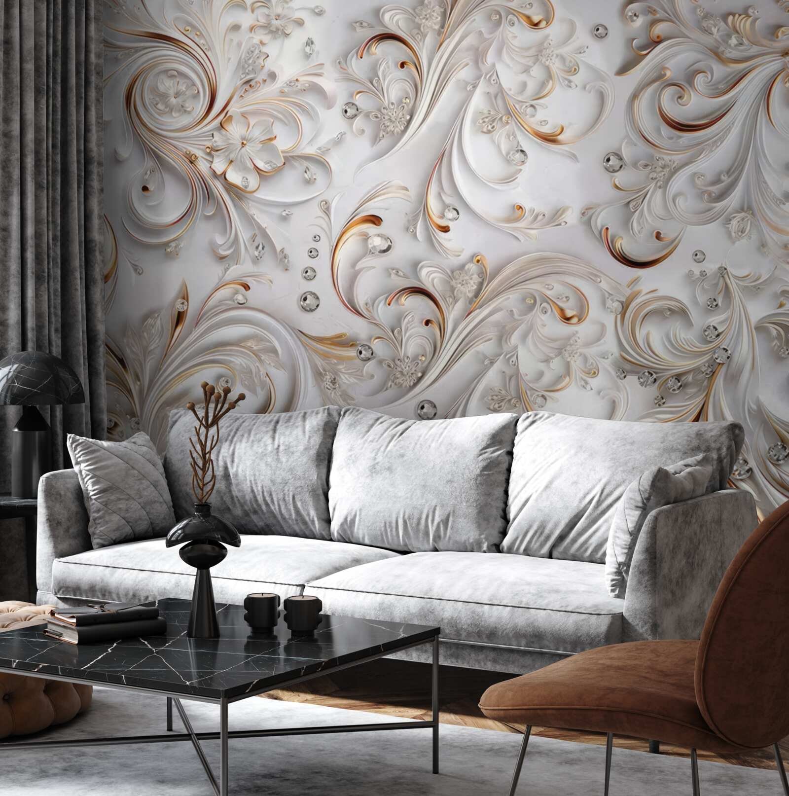 Fototapeta kwiaty śnieżnobiałe ze złotymi lokami i elementami wolumetrycznymi