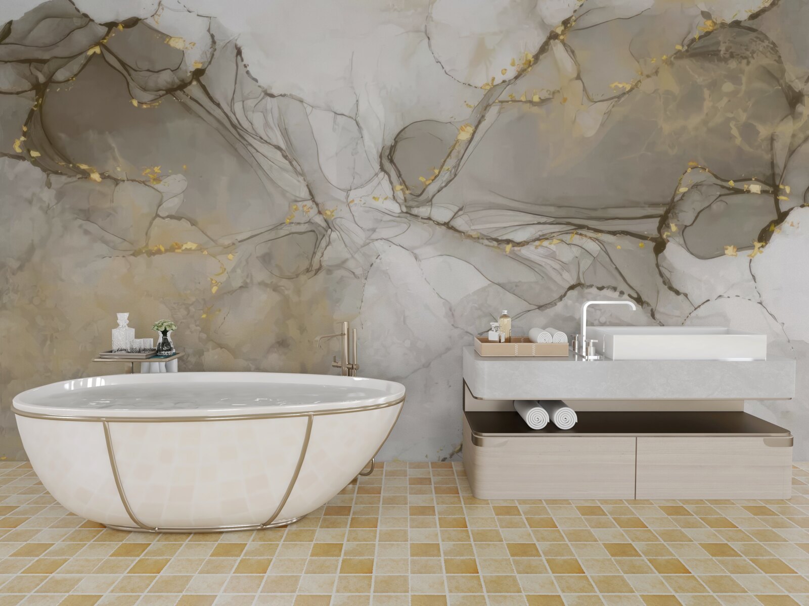 Fototapeta biało-szary ze złoconym marmurem