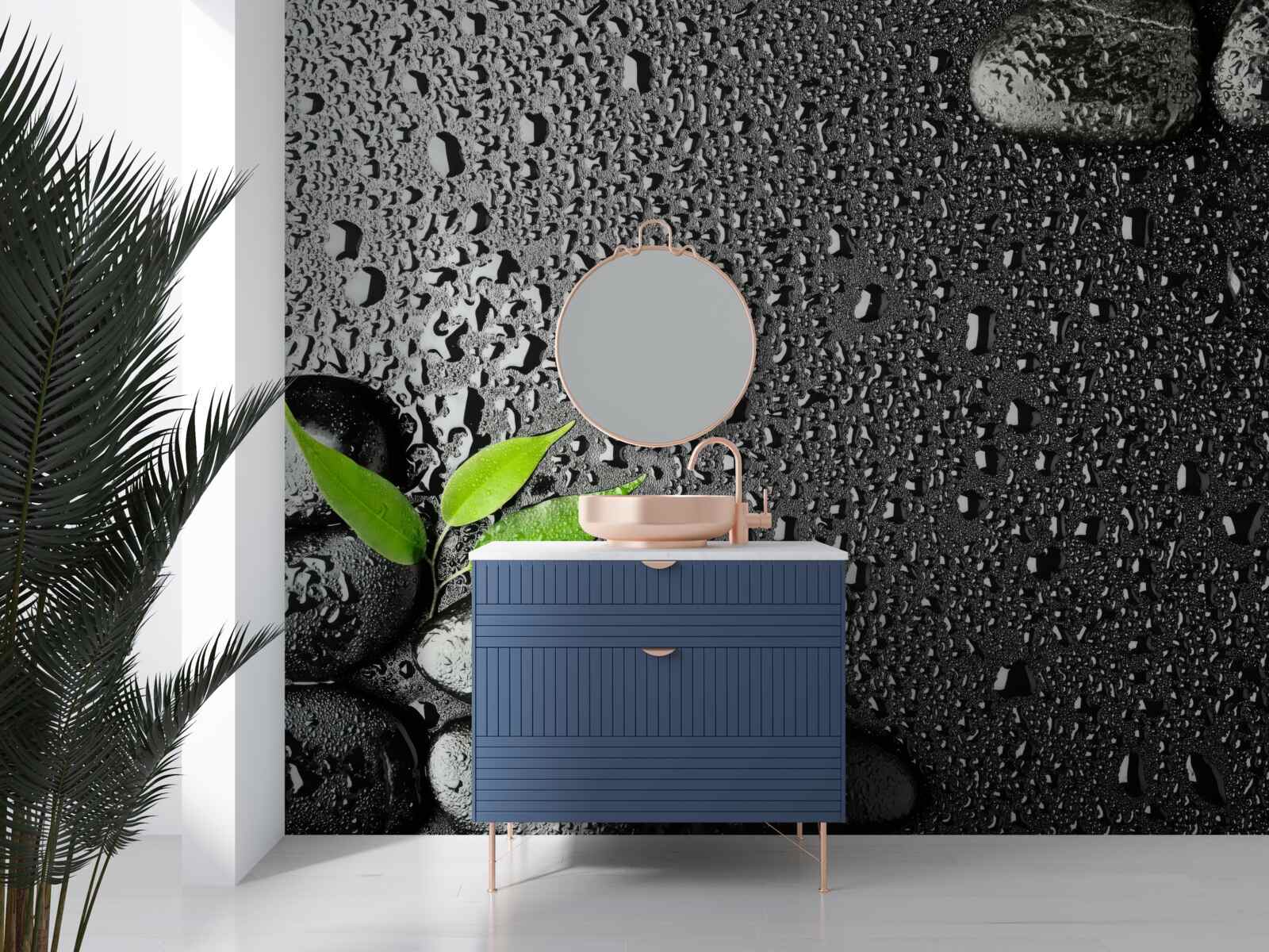 Fototapeta zielone liście i czarne kamienie