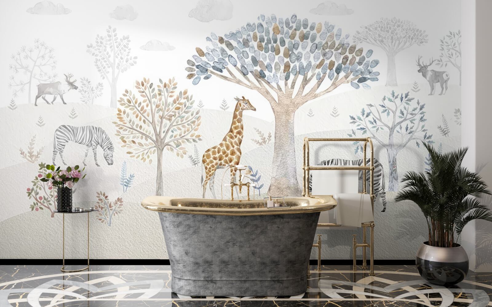 Fototapeta w lesie żyją żyrafy, zebry i jelenie