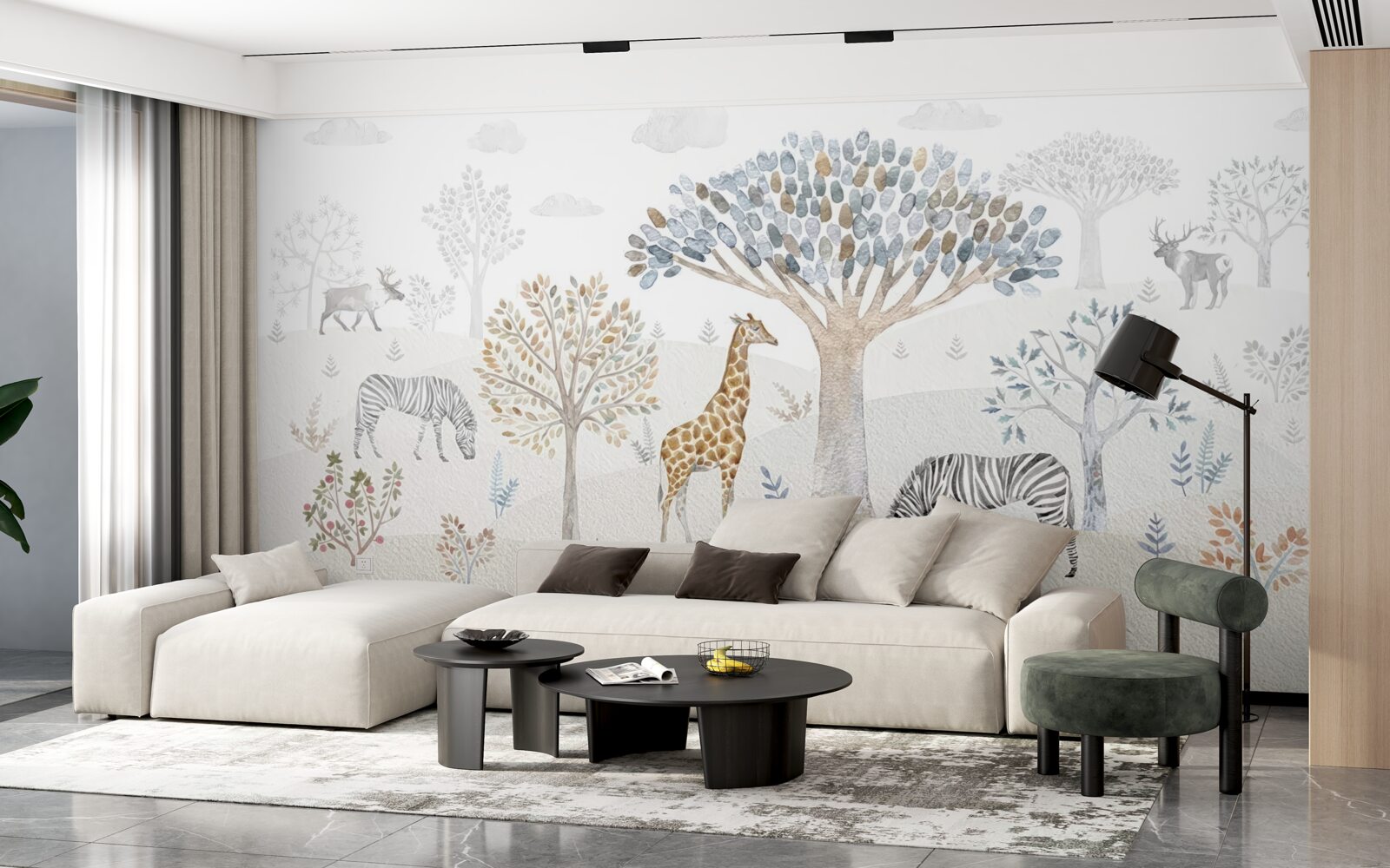 Fototapeta w lesie żyją żyrafy, zebry i jelenie